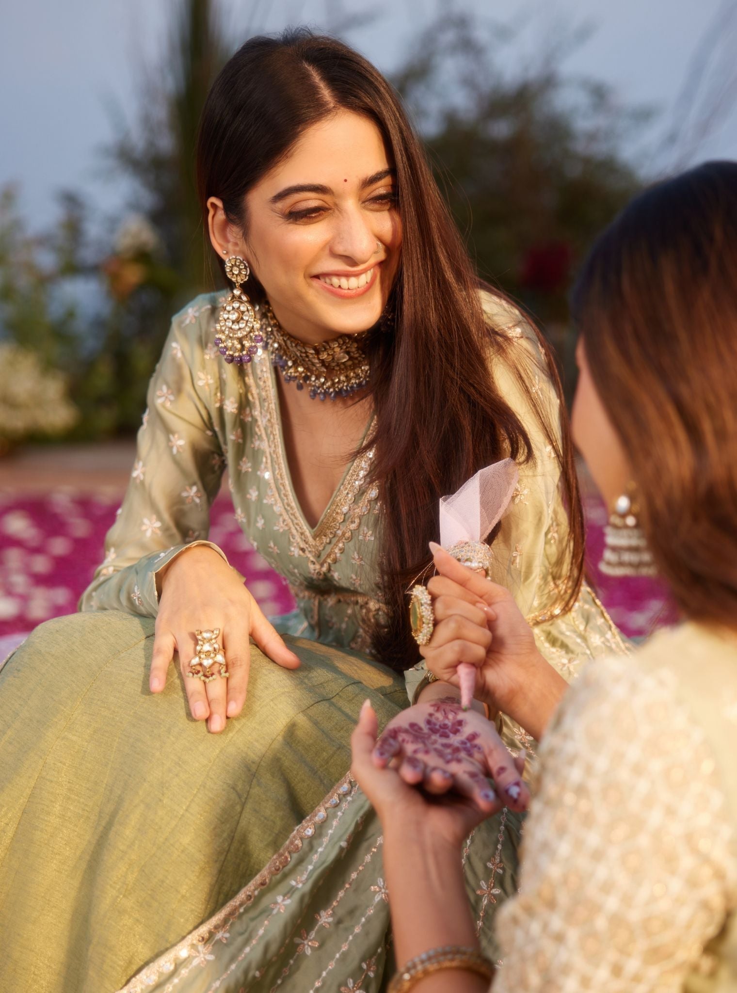 Mulmul Organza Satin Jhoom Sage Green Anarkali Kurta with Mulmul Luxe Tissue Satin Jhoom Sage Green Lehenga