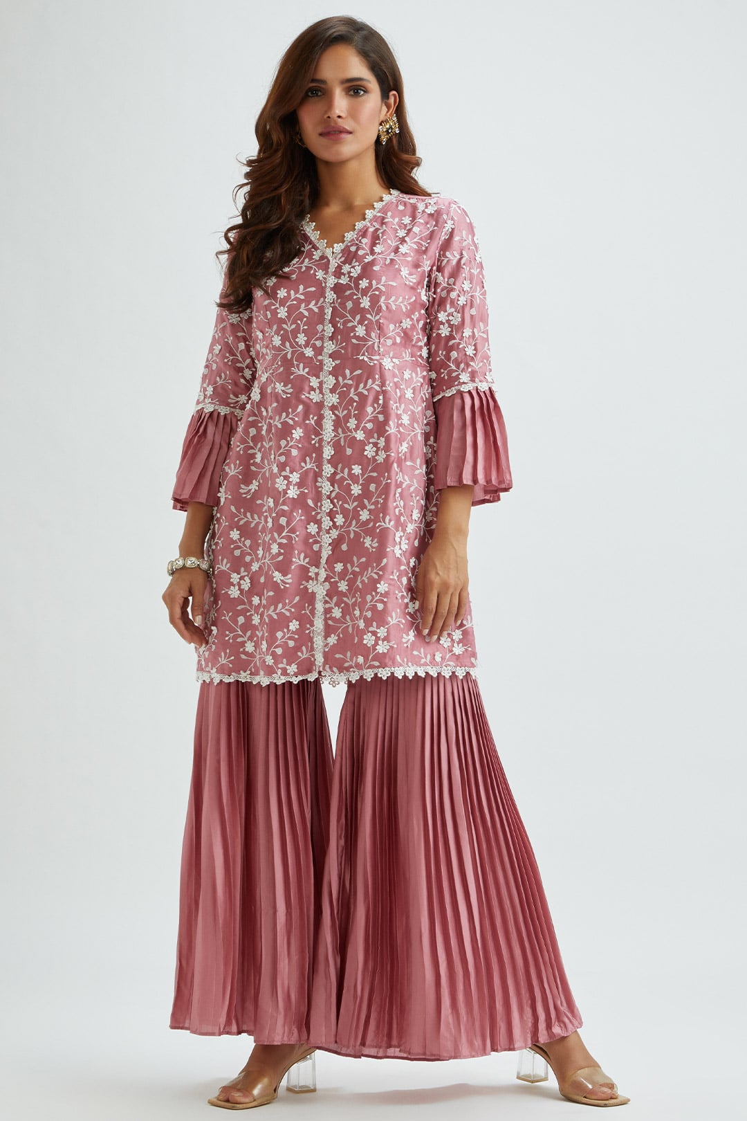 Mulmul Cupro Silk Cairo Mauve Kurta With Cairo Mauve Garara