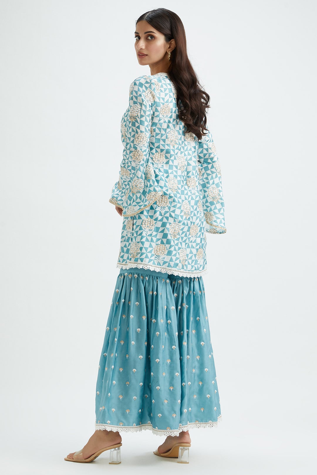 Mulmul Cupro Silk Camden Teal Kurta With Camden Teal Garara