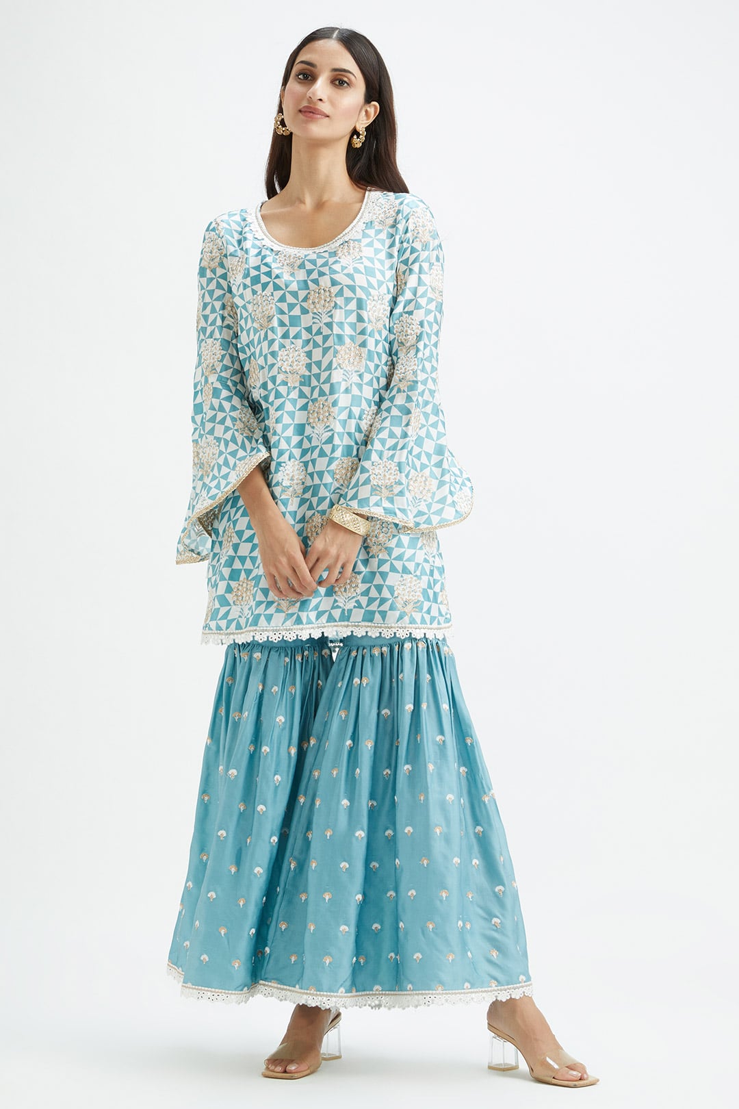 Mulmul Cupro Silk Camden Teal Kurta With Camden Teal Garara