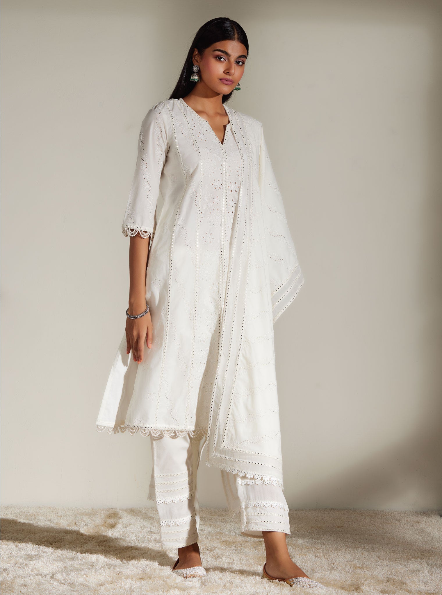 Mulmul Cotton Cara White Kurta With Mirror Gota White Pant