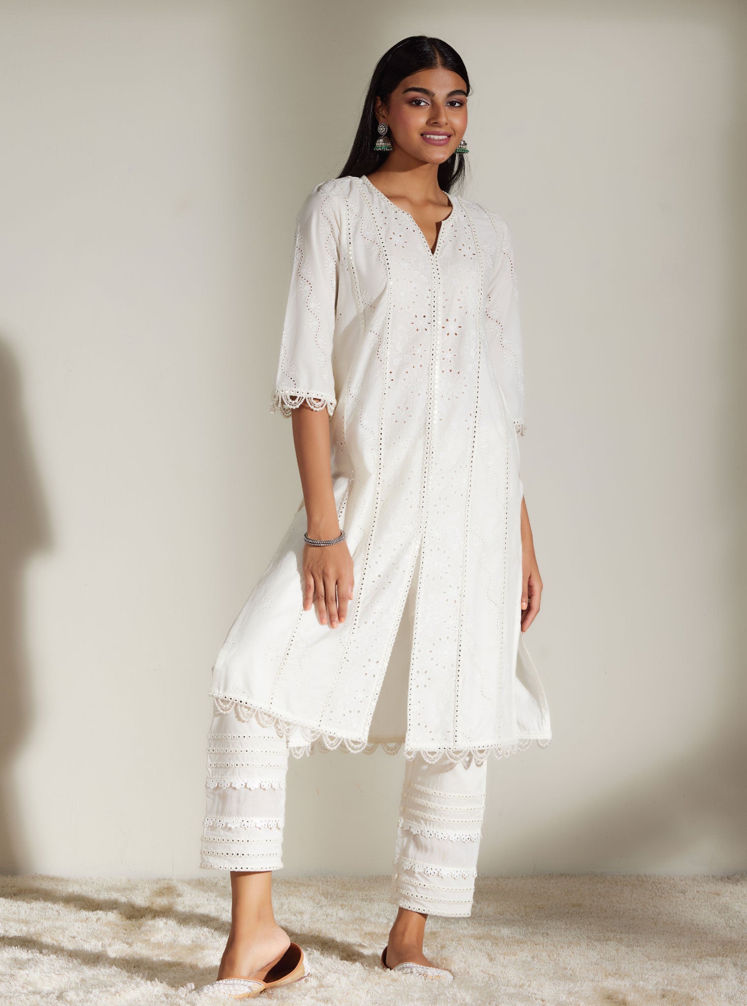 Mulmul Cotton Cara White Kurta With Mirror Gota White Pant