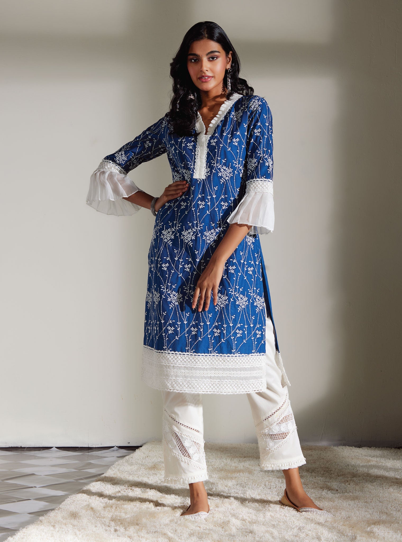 Mulmul Supima Cotton Carmen Navy Kurta
