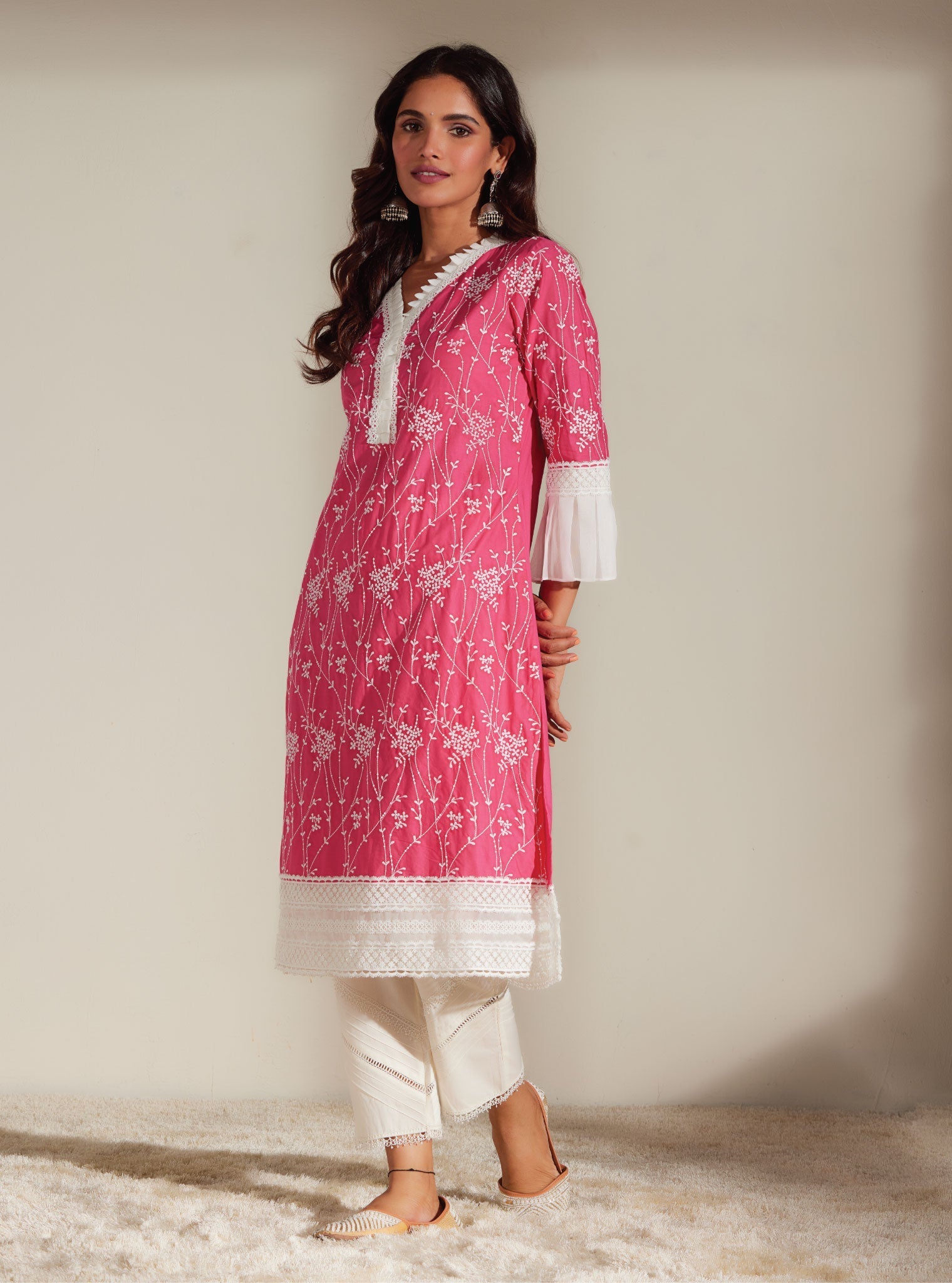 Mulmul Cotton Carmen Pink Kurta With Mulmul Cotton Diagonal Pintuck White Pant