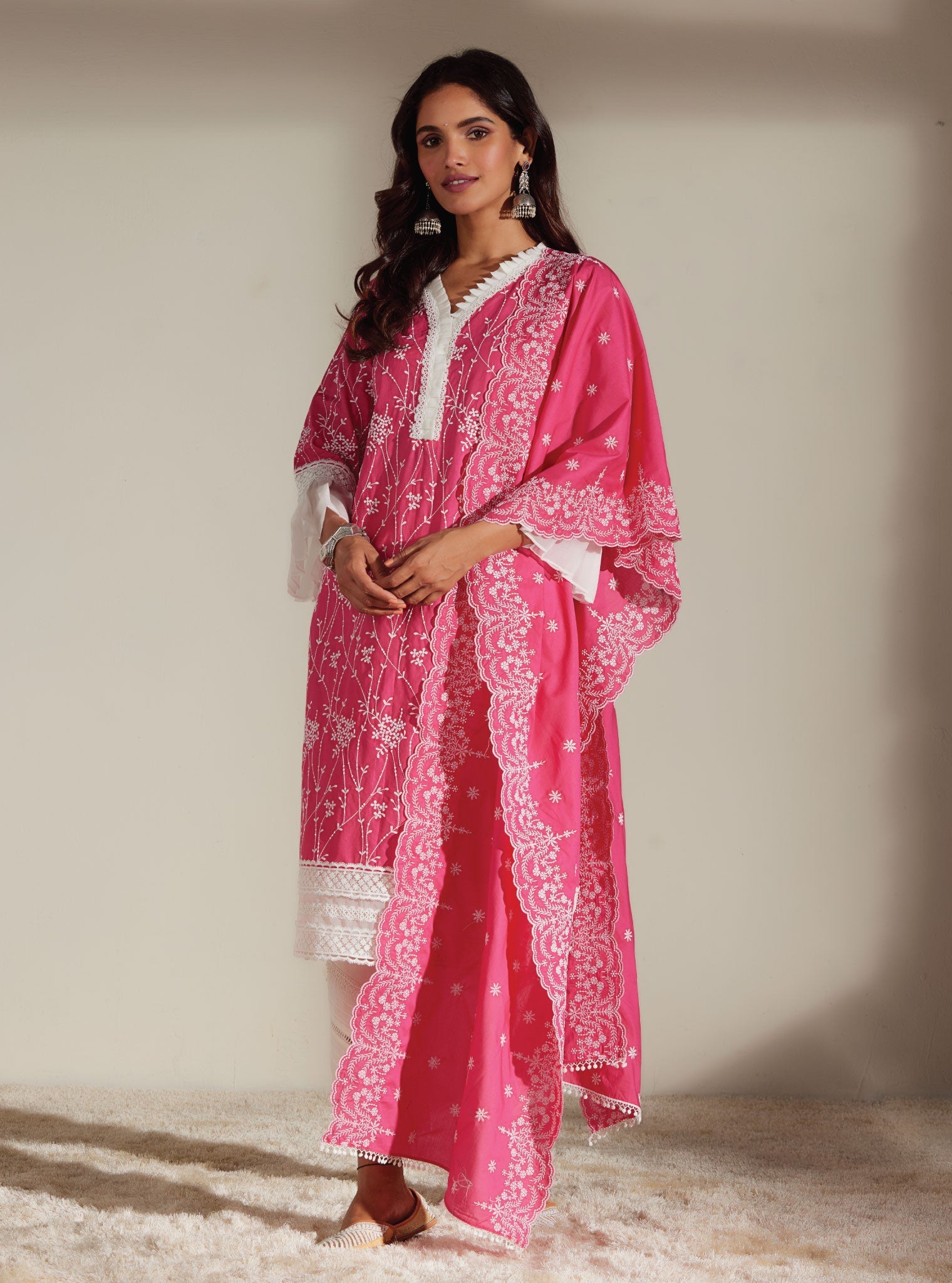 Mulmul Cotton Carmen Pink Kurta With Mulmul Cotton Diagonal Pintuck White Pant