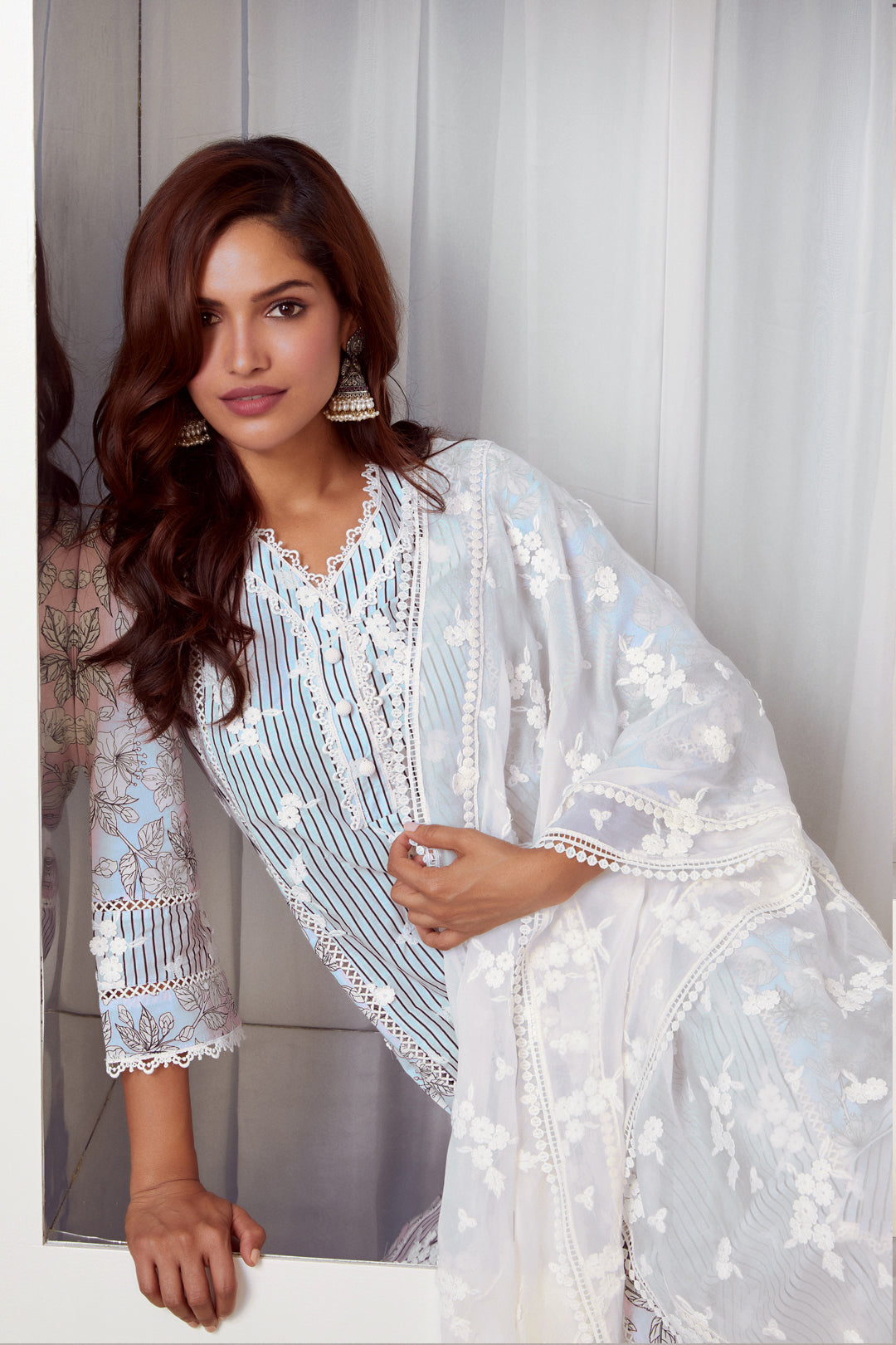 Mulmul Cotton Carnaby Light Blue Kurta With Lina White Palazzo