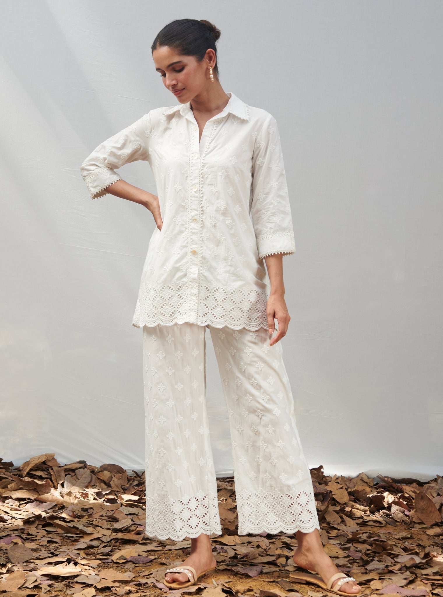 Mulmul Cotton Caspia White Shirt With Mulmul Cotton Caspia White Pant