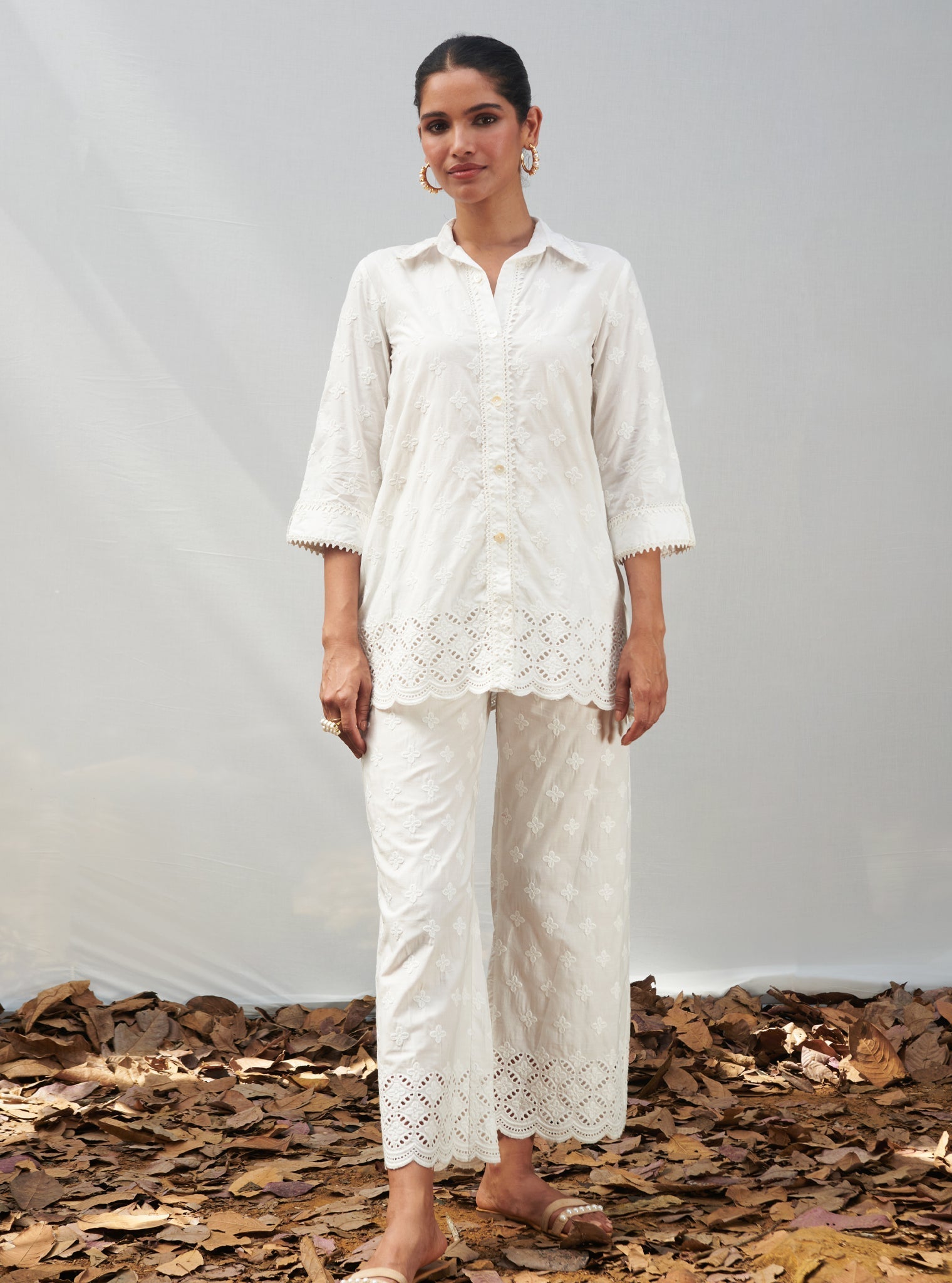 Mulmul Cotton Caspia White Shirt With Mulmul Cotton Caspia White Pant