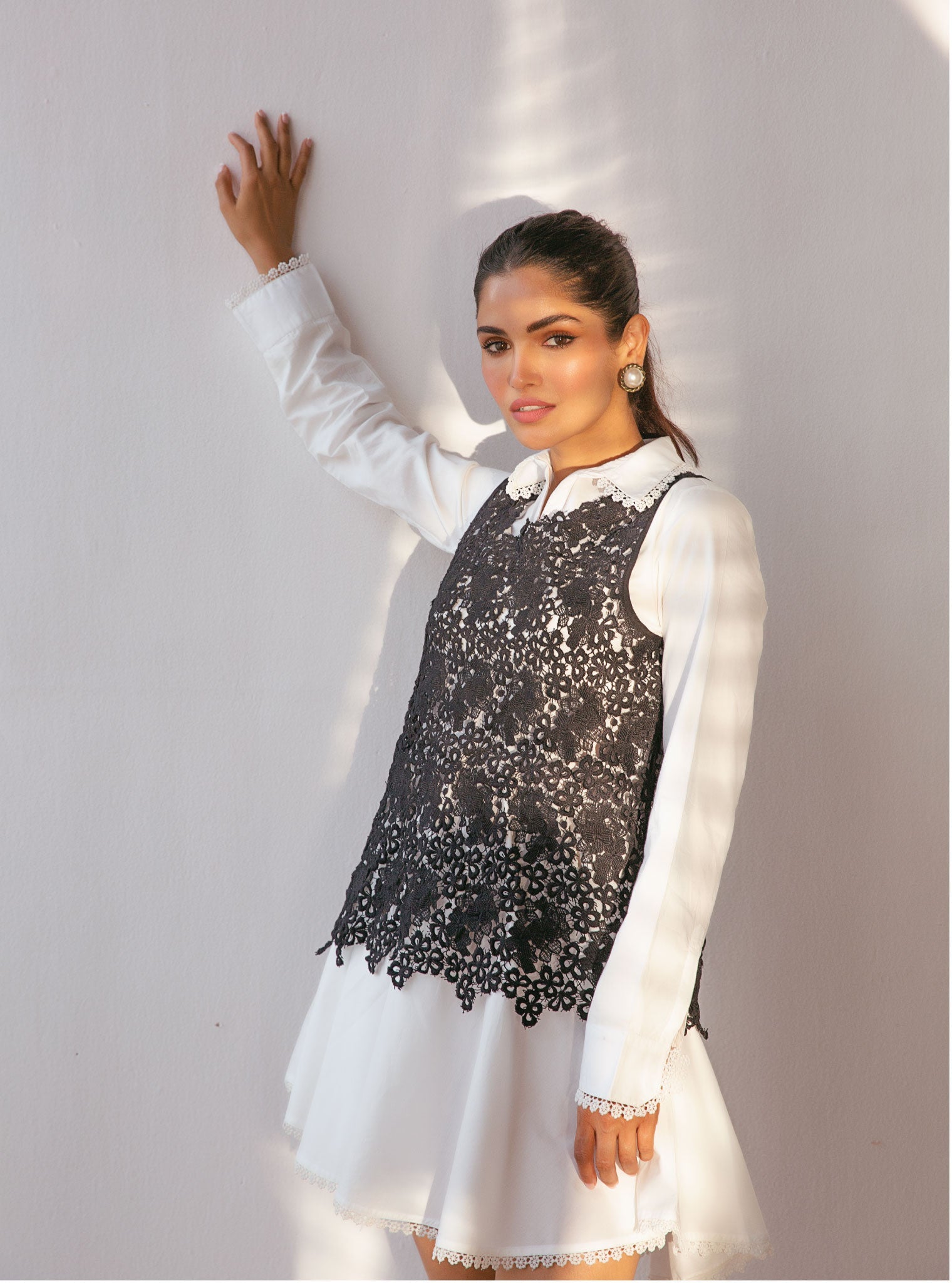 Celina Supima Cotton White Dress With Guipure Layer