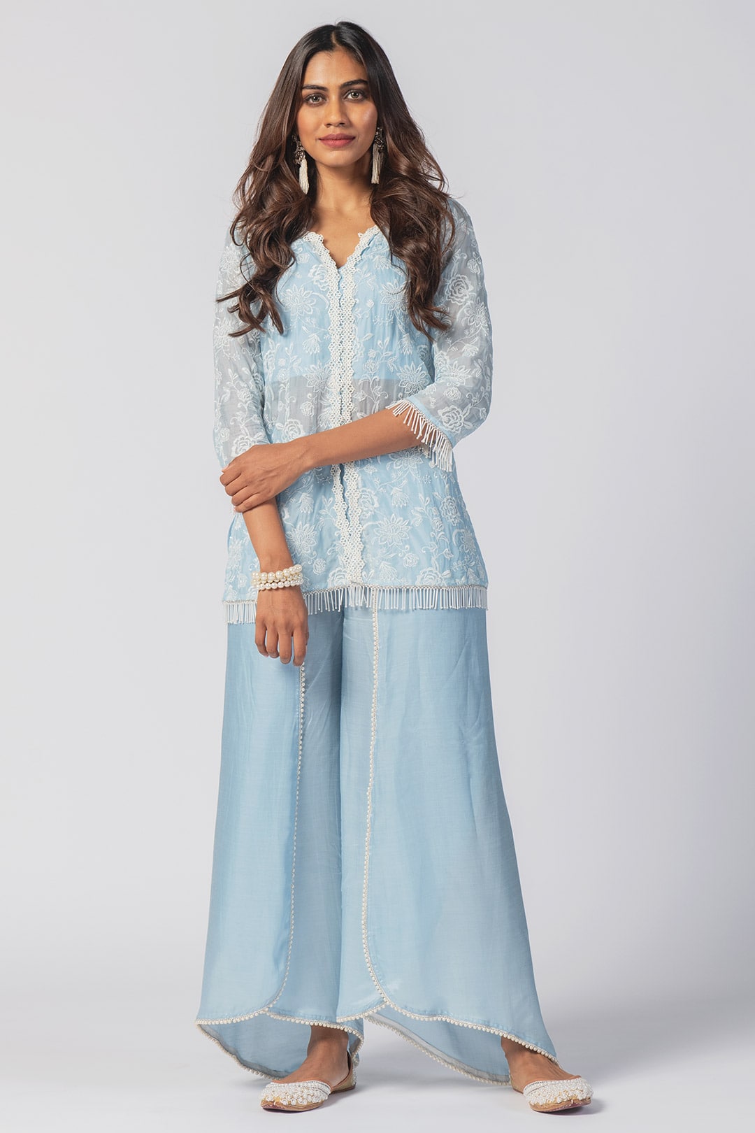 Mulmul Tencel Luxe Organza Claire Blue Kurta With Cupro Claire Dhoti Blue Pant