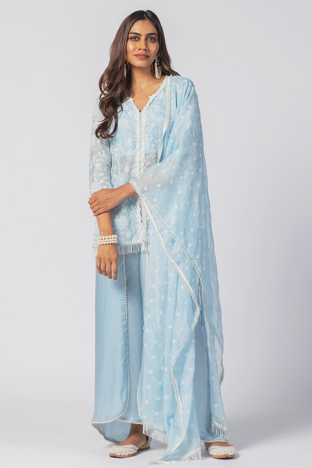 Mulmul Tencel Luxe Organza Claire Blue Kurta With Cupro Claire Dhoti Blue Pant