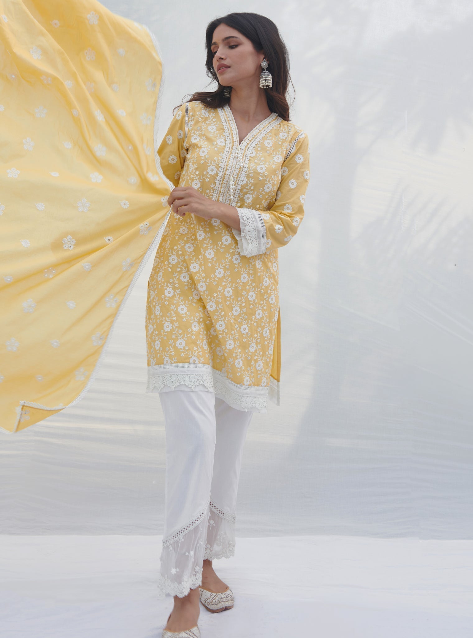 Mulmul Cotton Codli Yellow Kurta With Mulmul Cotton Applique Organza Panel White Pant