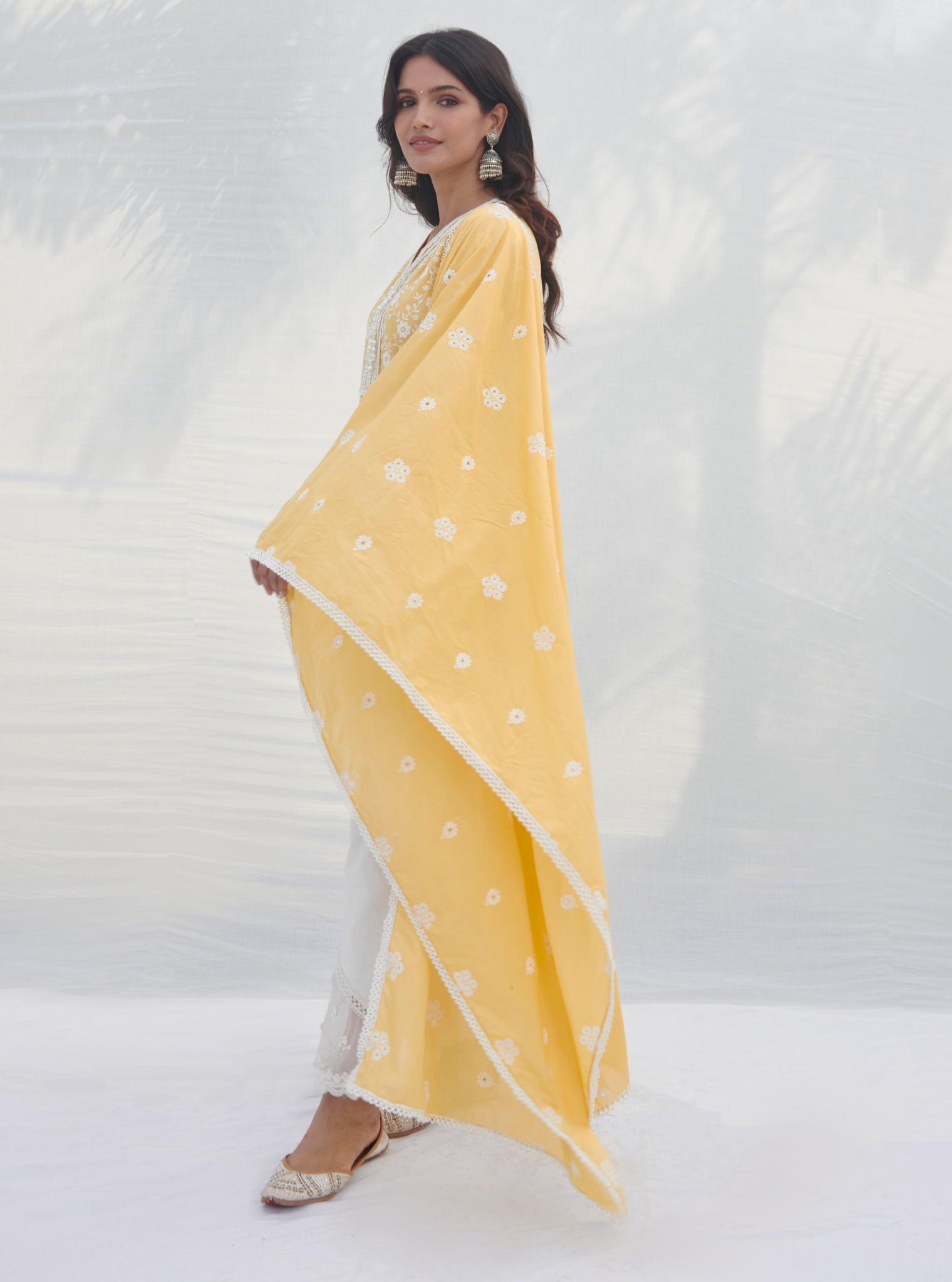 Mulmul Cotton Codli Yellow Kurta With Mulmul Cotton Applique Organza Panel White Pant