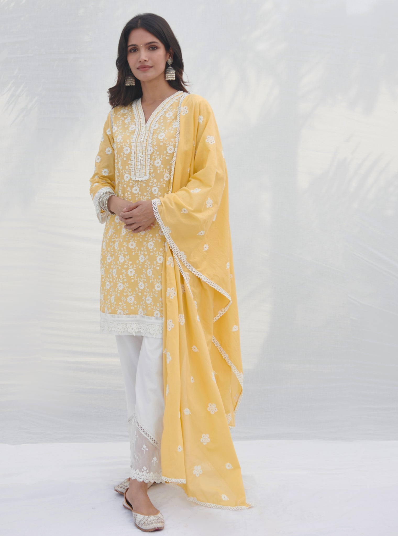 Mulmul Cotton Codli Yellow Kurta With Mulmul Cotton Applique Organza Panel White Pant