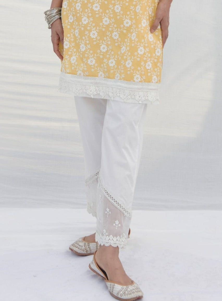 Mulmul Cotton Applique Organza Panel White Pant