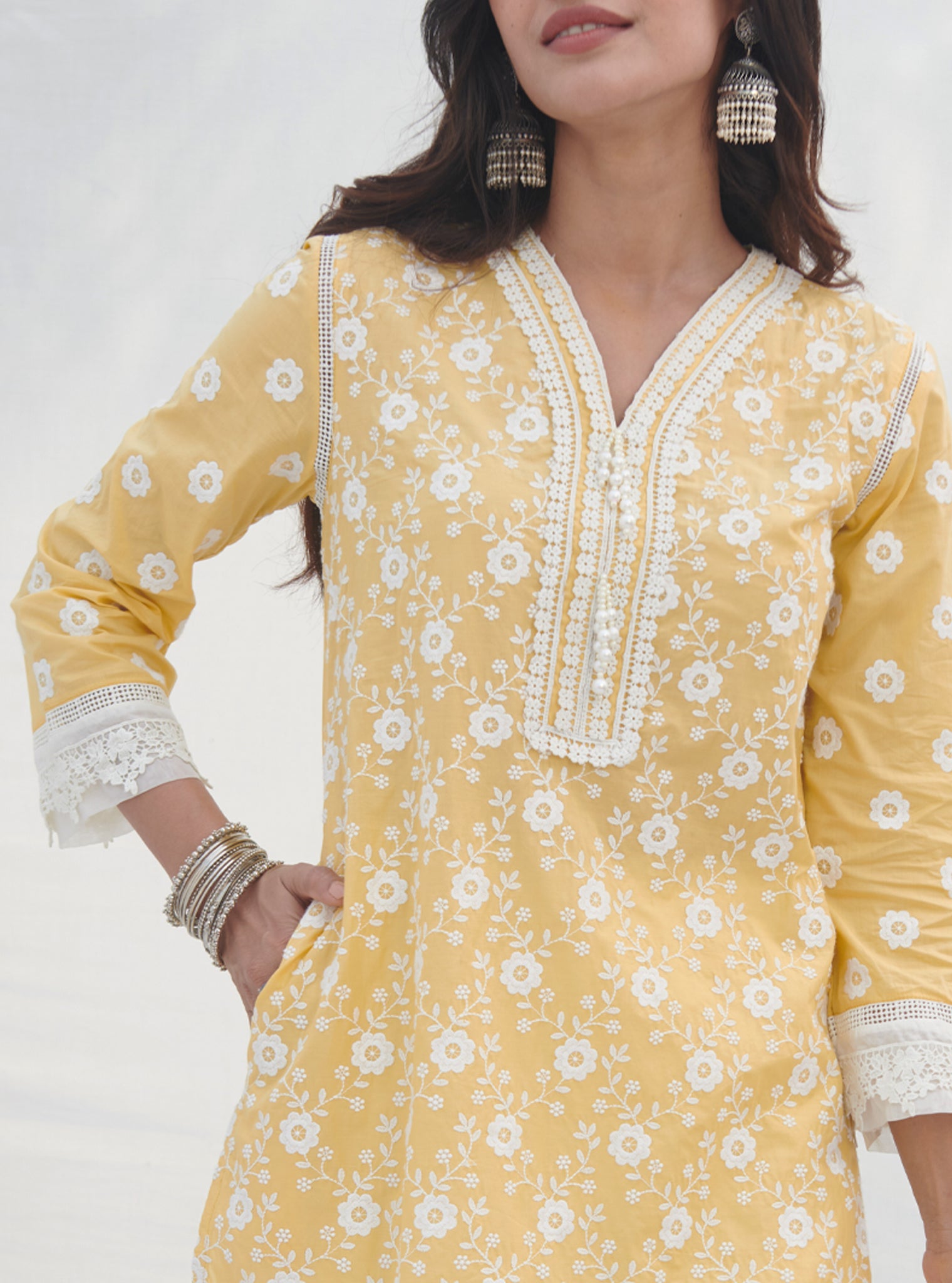 Mulmul Cotton Codli Yellow Kurta With Mulmul Cotton Applique Organza Panel White Pant