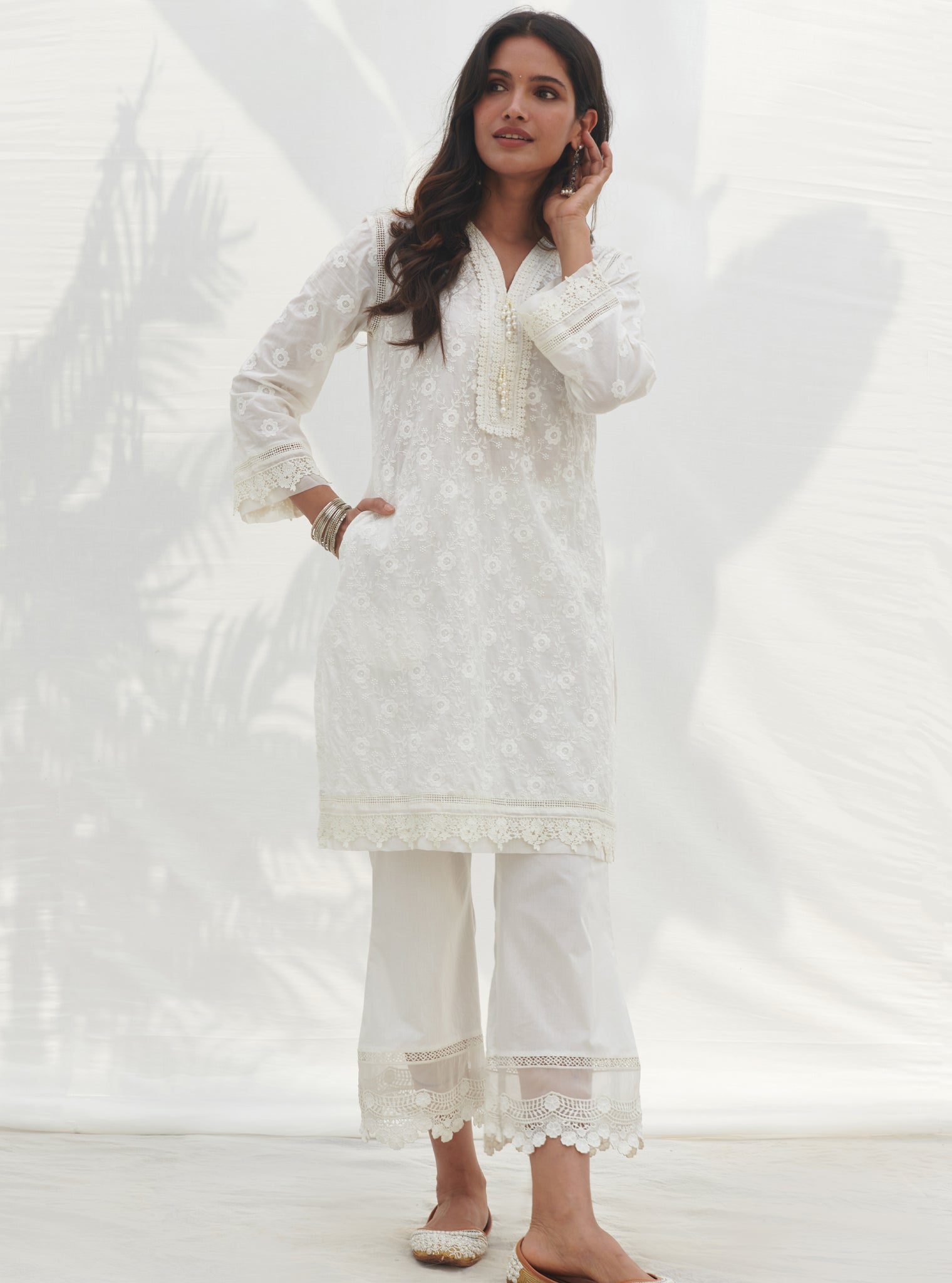 Mulmul Cotton Codli White Kurta With Mulmul Cotton Floral Lace Flared White Pant