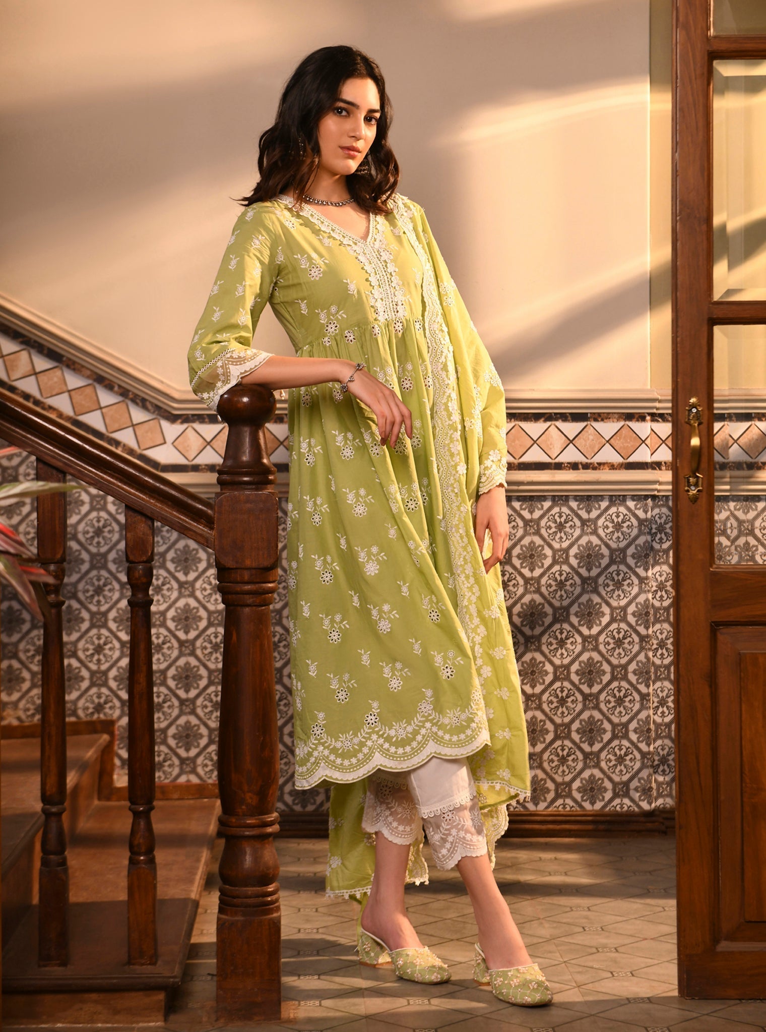 Mulmul Supima Cotton Organza Scallop Border White Pant