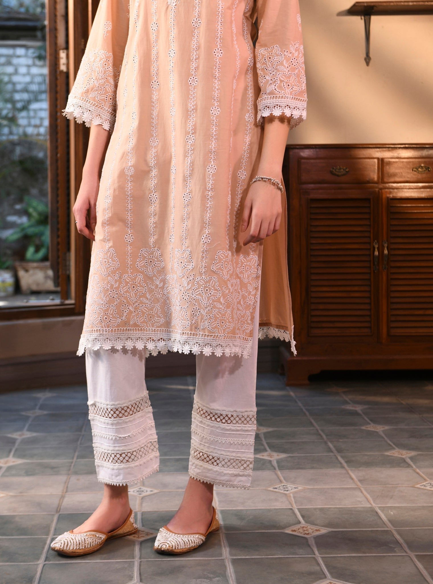 Mulmul Cotton Fila Beige Kurta