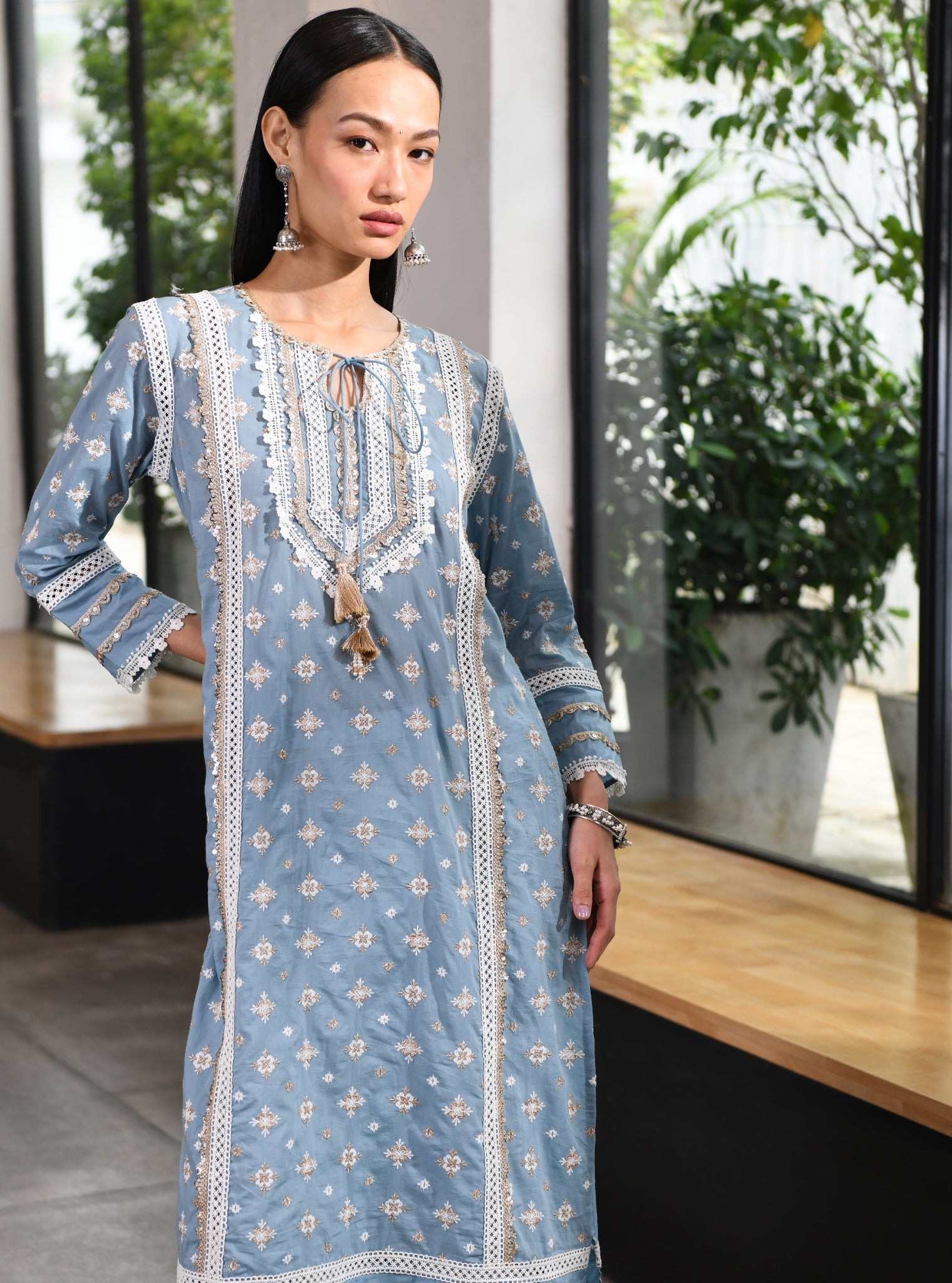 Mulmul Cotton Corey Teal Kurta With Mulmul Cotton Golden Sequins Gota White Pant