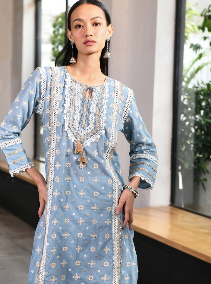 Mulmul Cotton Corey Kurta Teal