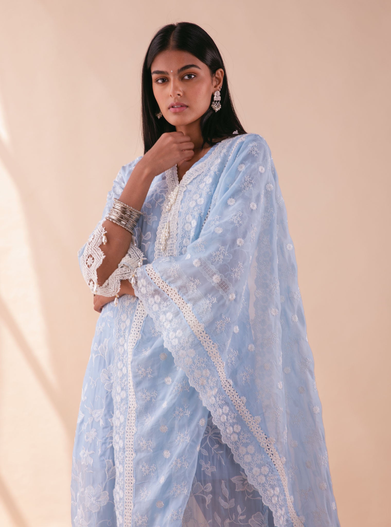 Mulmul Organza Delilah Blue Kurta With Pima Cotton Maisy Blue Pant