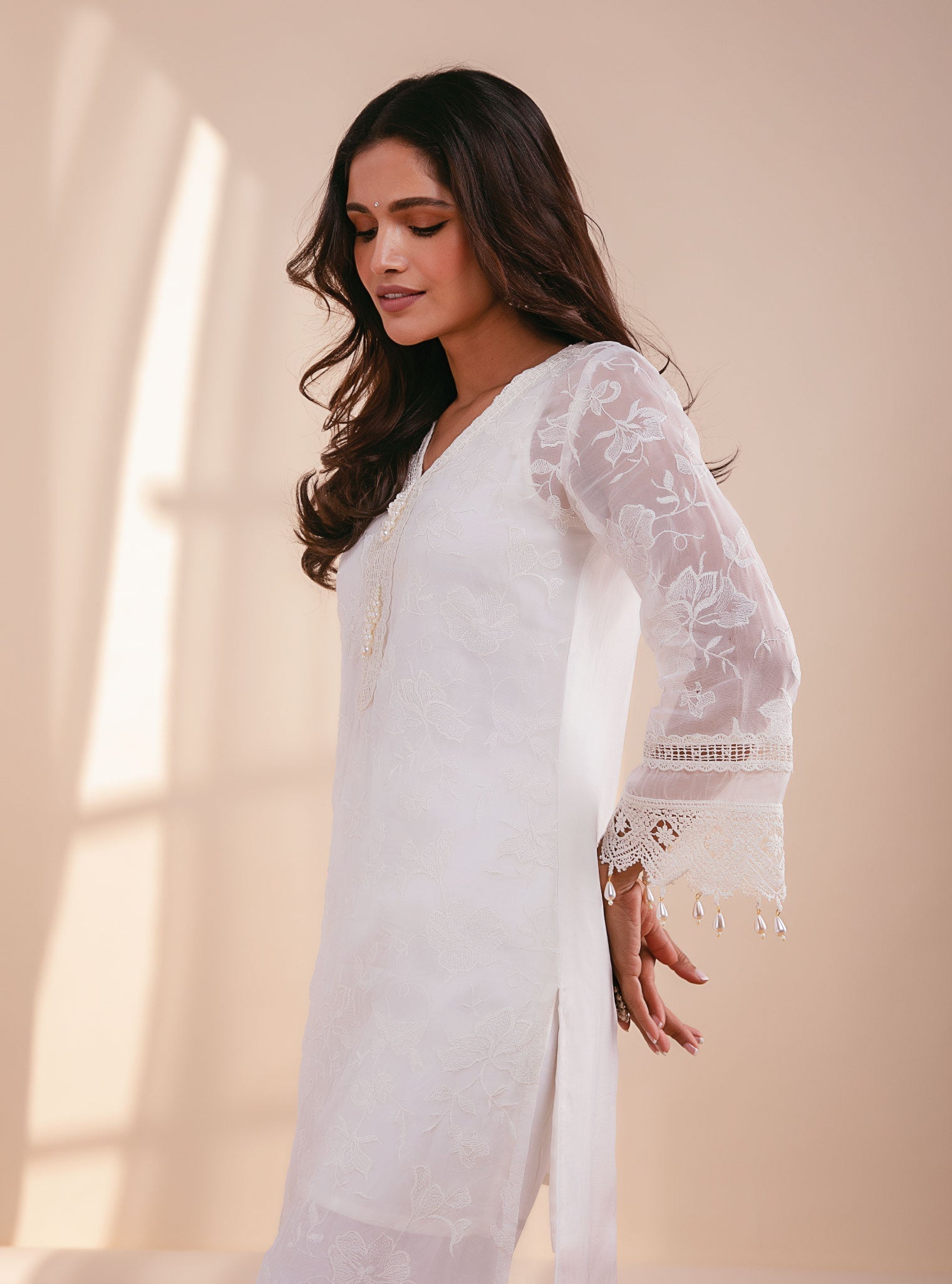 Mulmul Organza Delilah Off White Kurta With Pima Cotton Maisy Off White Pant