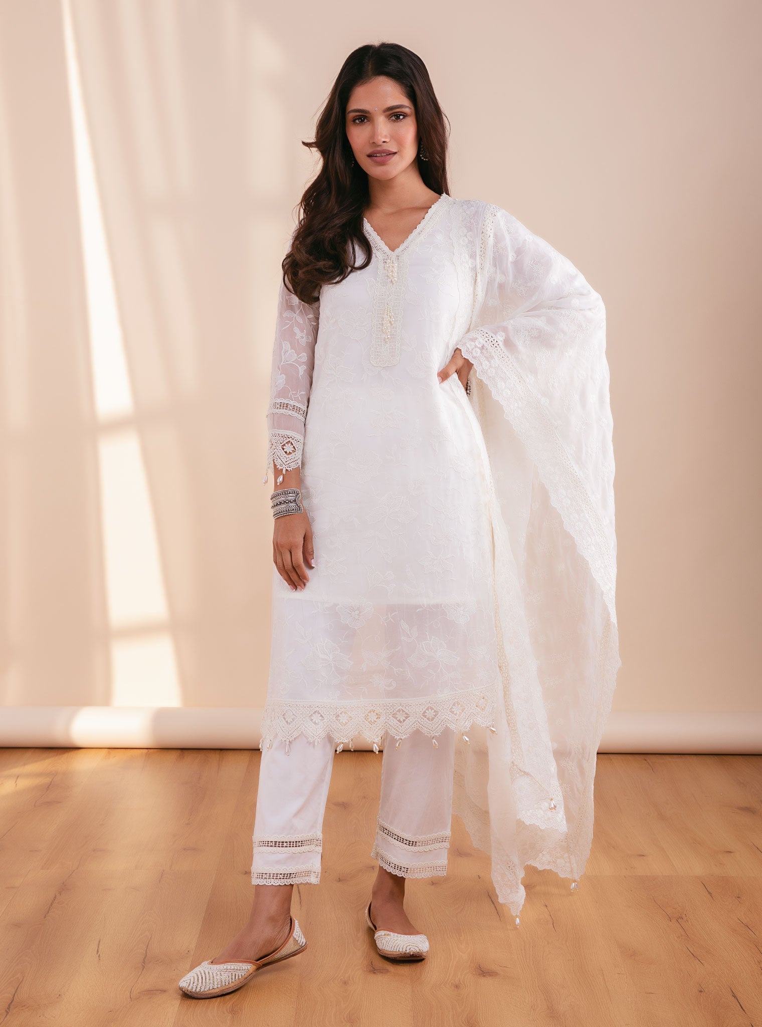 Mulmul Organza Delilah Off White Kurta With Pima Cotton Maisy Off White Pant