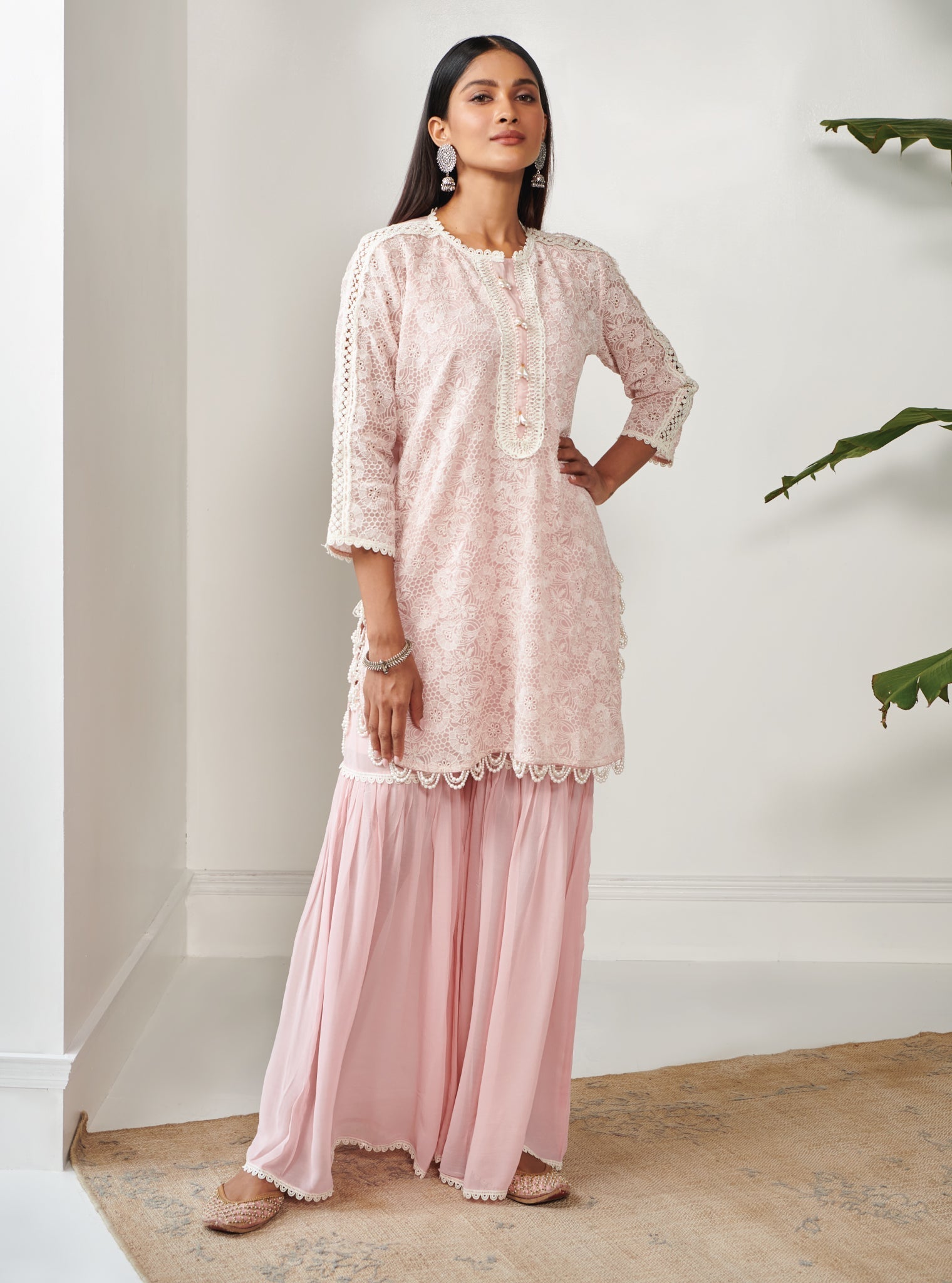 Mulmul Organza Demi Pink Kurta With Mulmul Georgette Demi Pink Garara