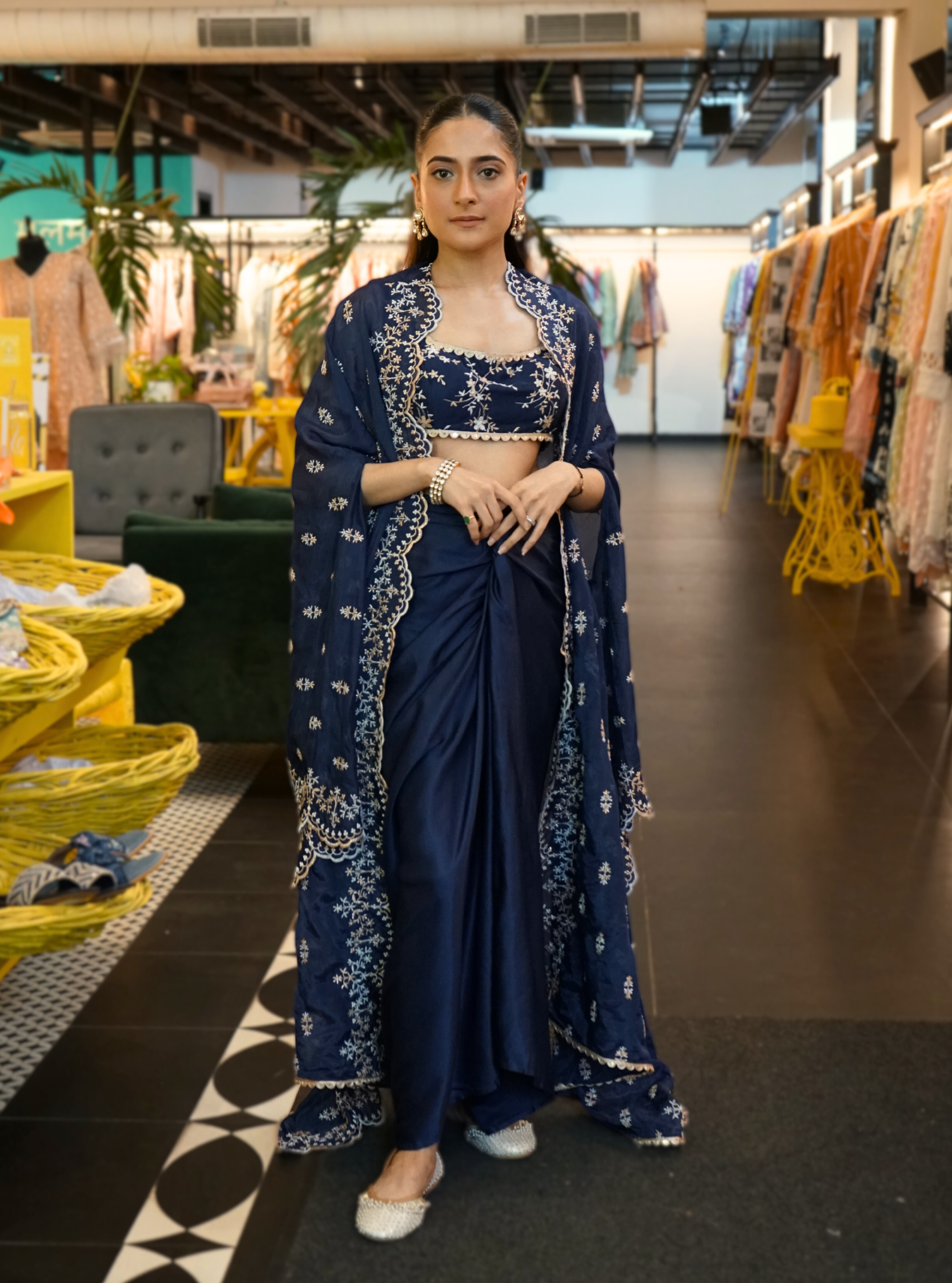 Mulmul HO Silk Saanware Navy Long Shrug With Mulmul Cupro Satin Saanware Navy Skirt