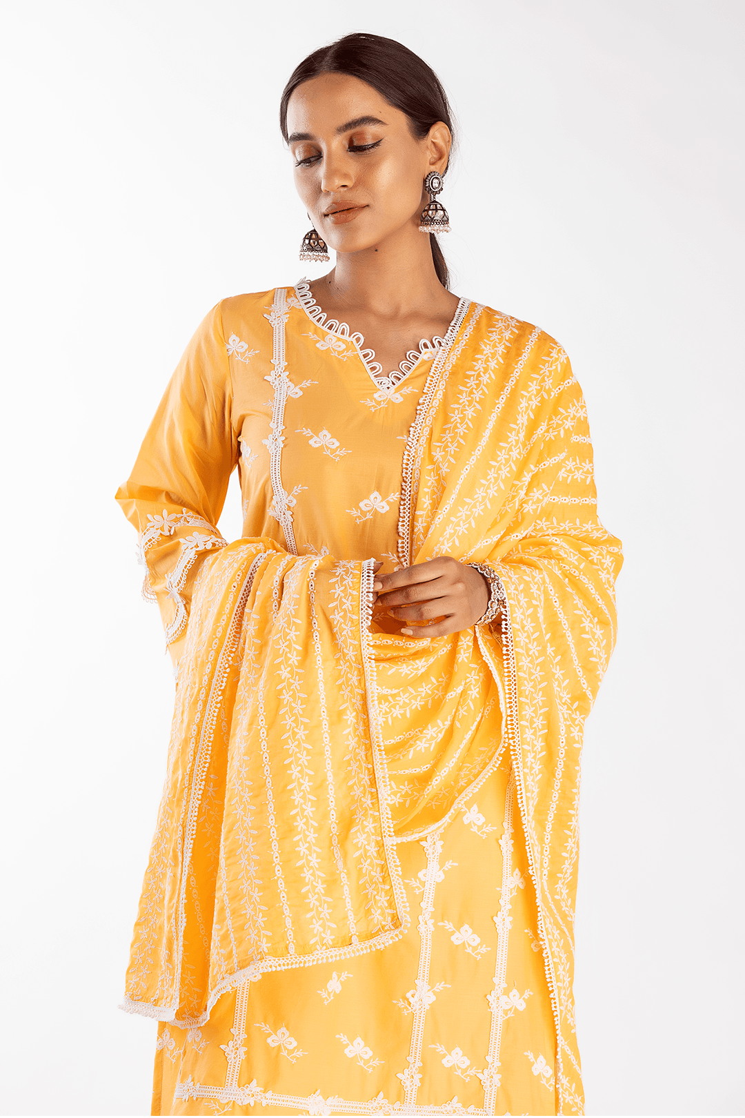 Mulmul Cotton Eternity Orange Kurta With Slit Pant White