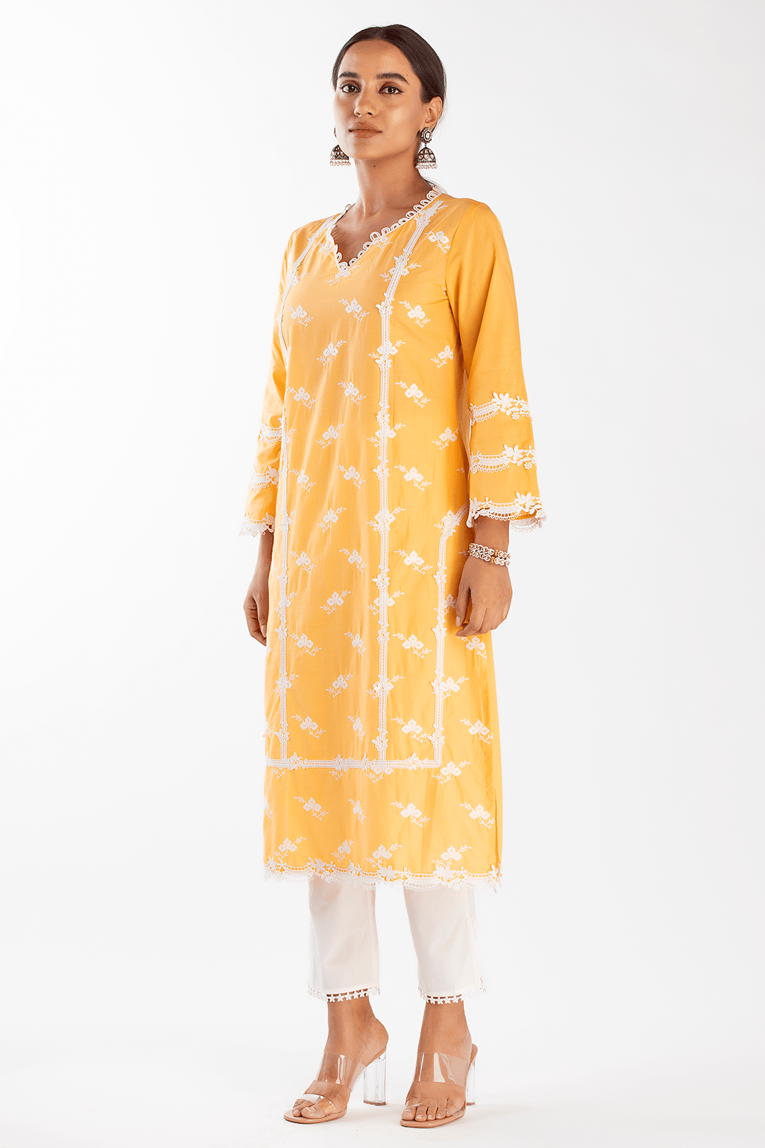 Mulmul Cotton Eternity Orange Kurta With Slit Pant White