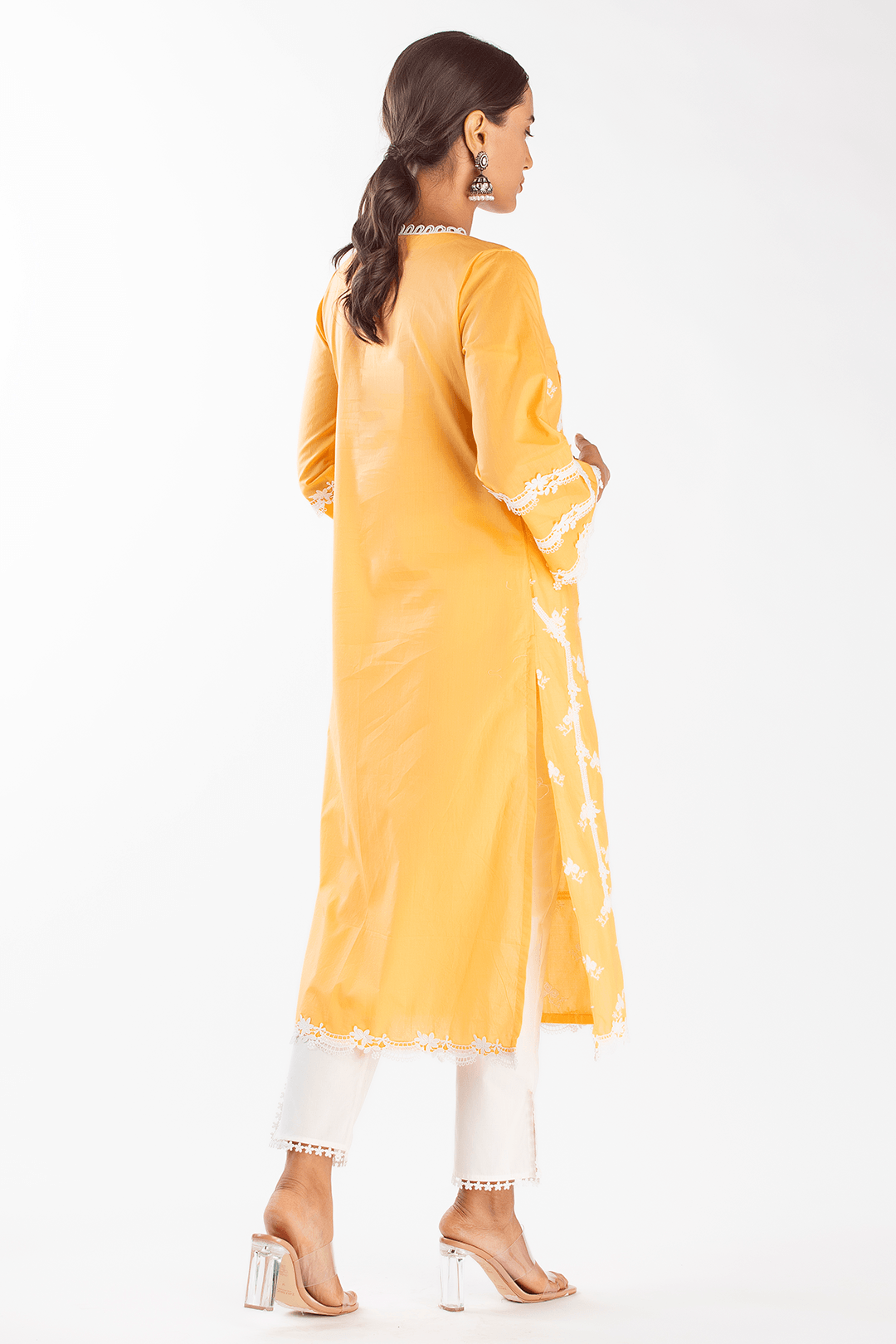 Mulmul Cotton Eternity Orange Kurta With Slit Pant White