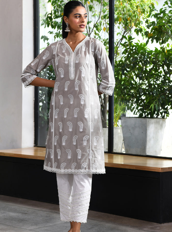 Mulmul Cotton Fifi Kurta Grey