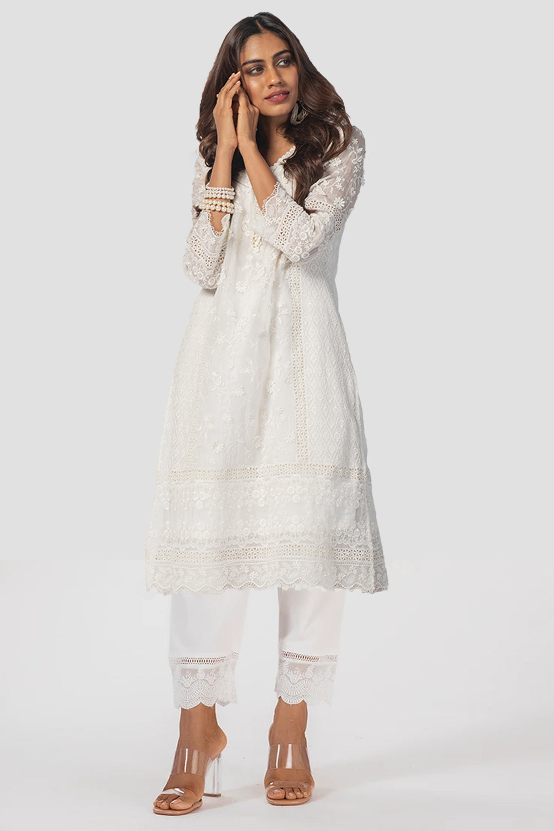 Mulmul Tencel Luxe Organza Fiona Off White Kurta With Cotton Floral Organza White Pant