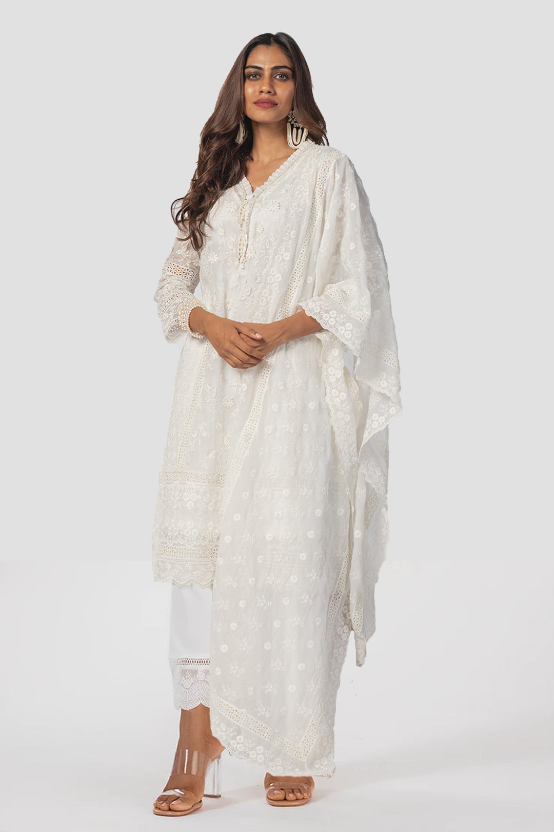 Mulmul Tencel Luxe Organza Fiona Off White Kurta With Cotton Floral Organza White Pant