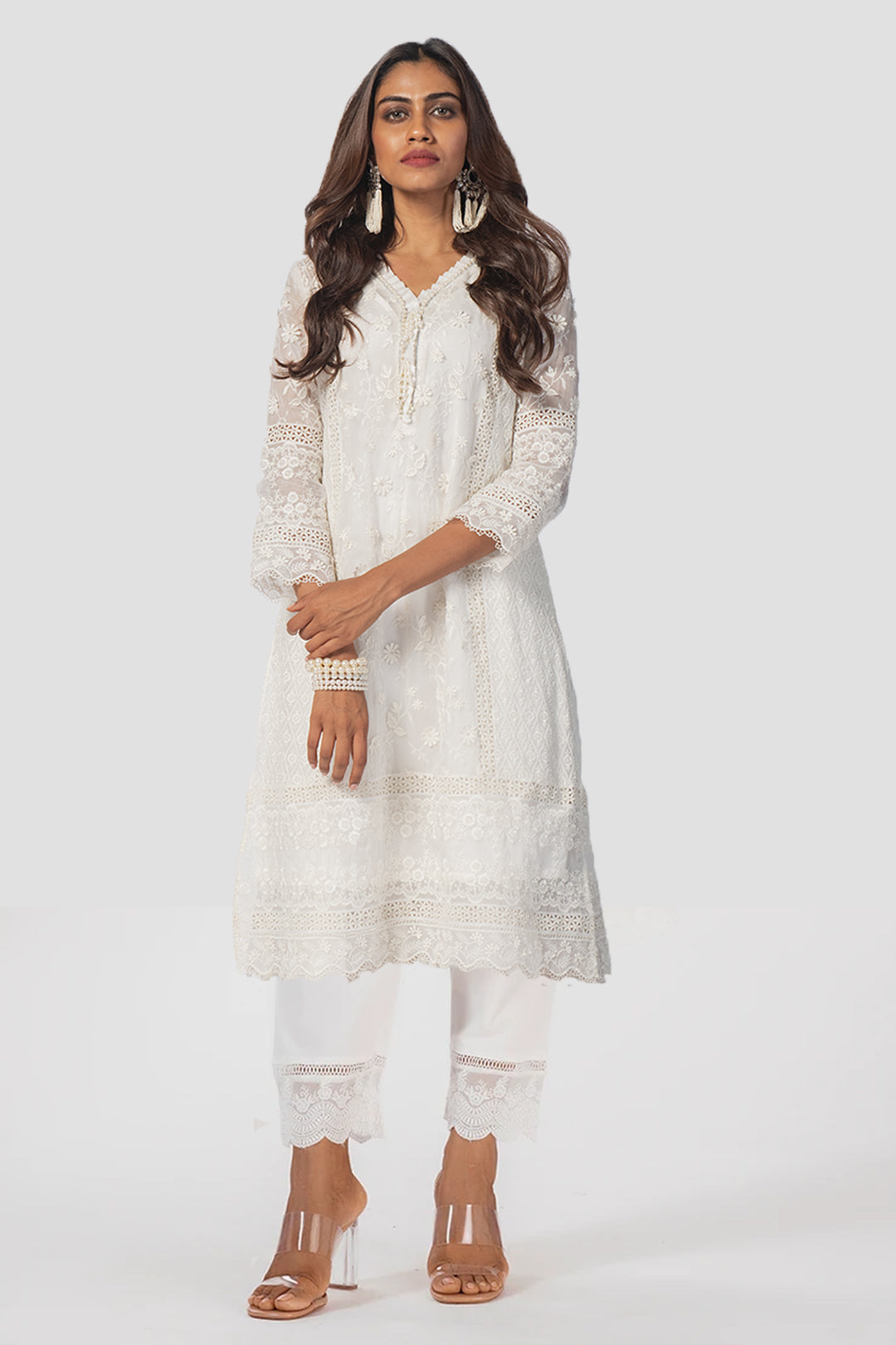 Mulmul Tencel Luxe Organza Fiona Off White Kurta With Cotton Floral Organza White Pant