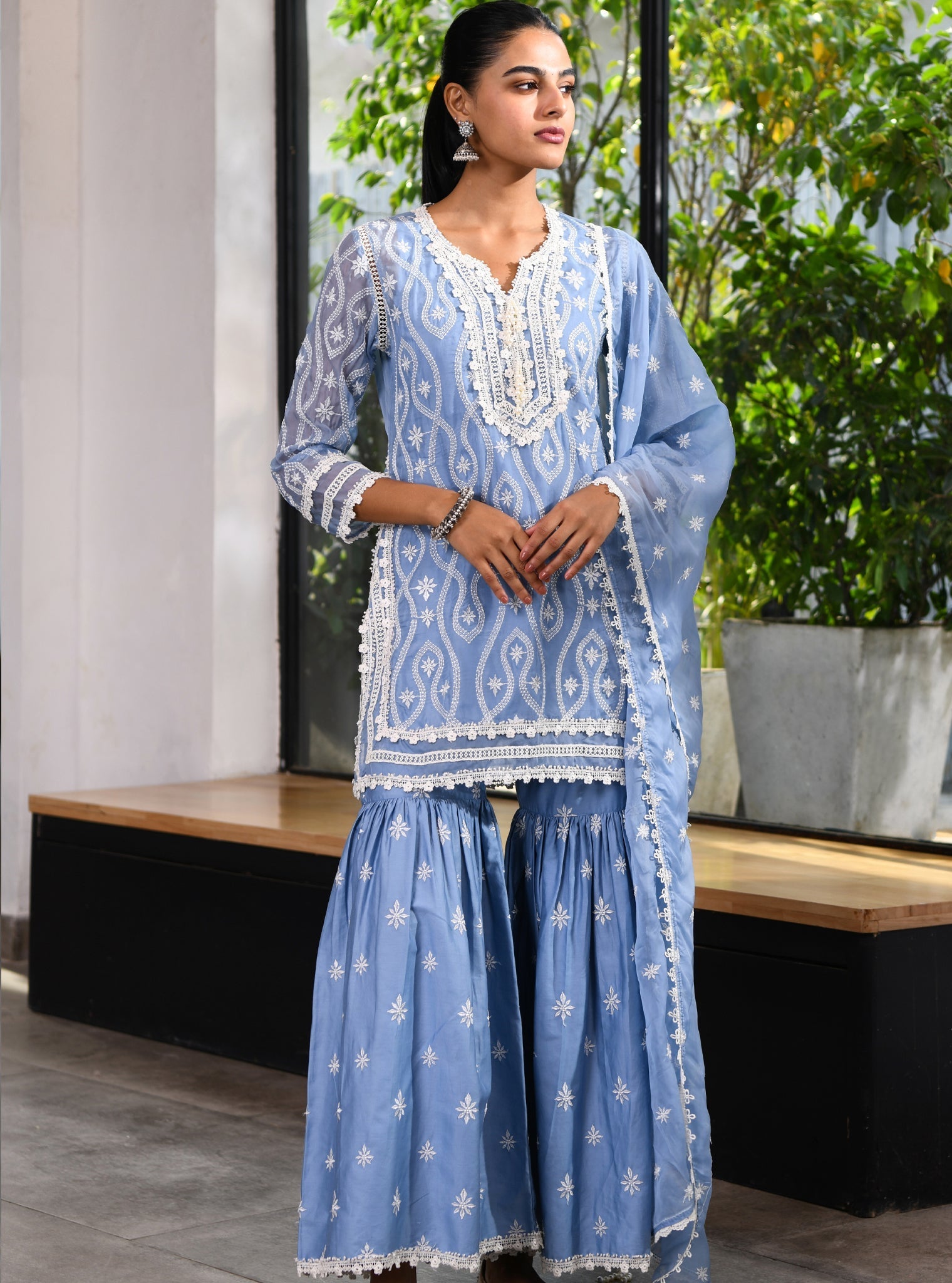 Mulmul Organza Faeleen Blue Kurta Wiith Mulmul Pima Faeleen Blue Garara