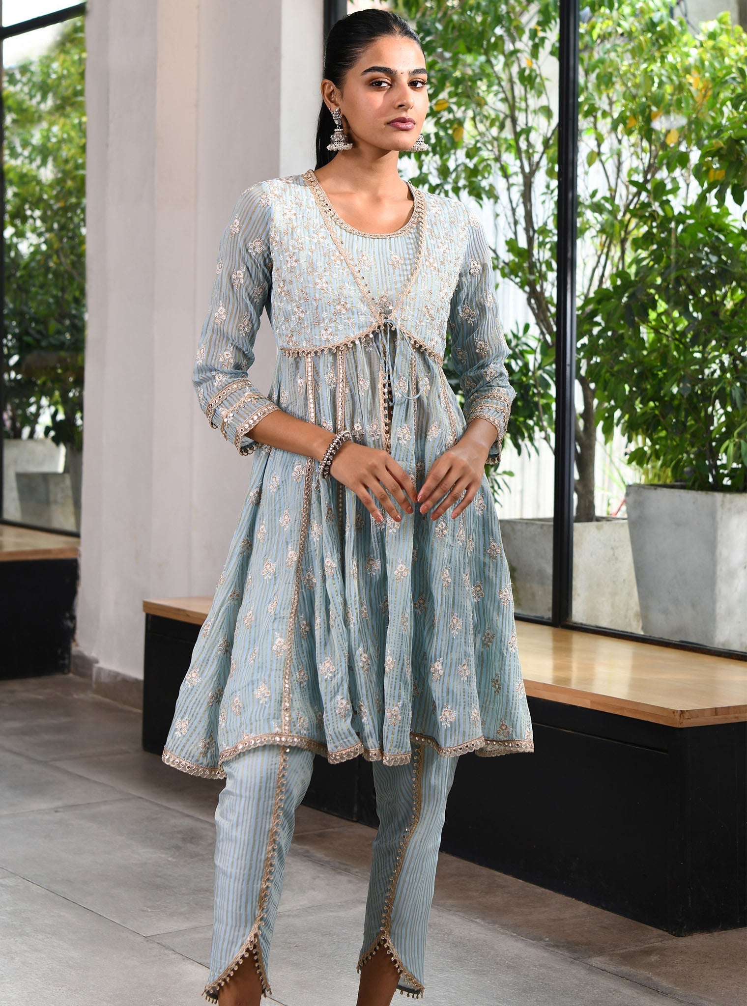 Mulmul Banarsi Finsbury Blue Short Anarkali Kurta With Finsbury Blue Dhoti Pant