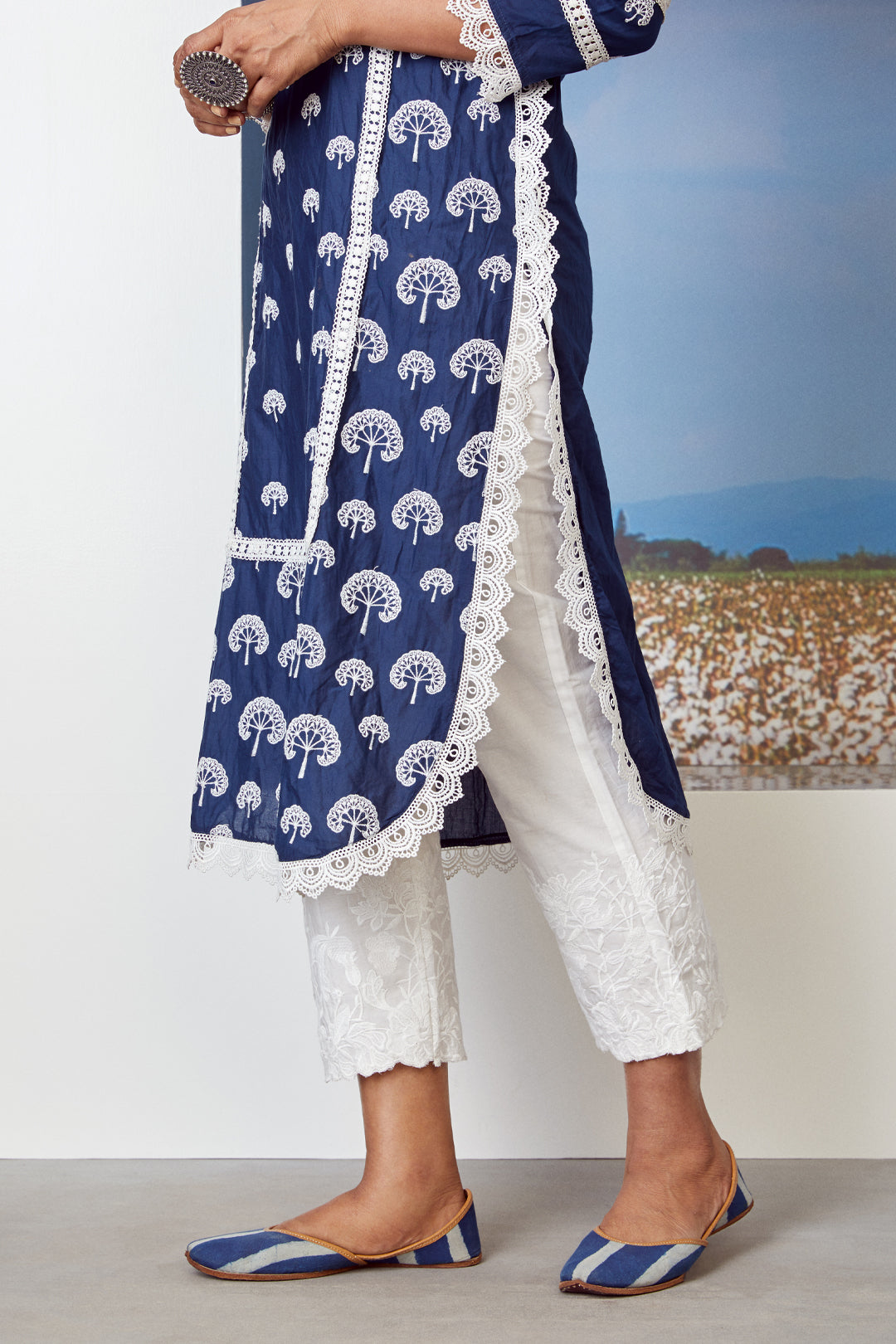 Mulmul Snowdrop Navy Kurta