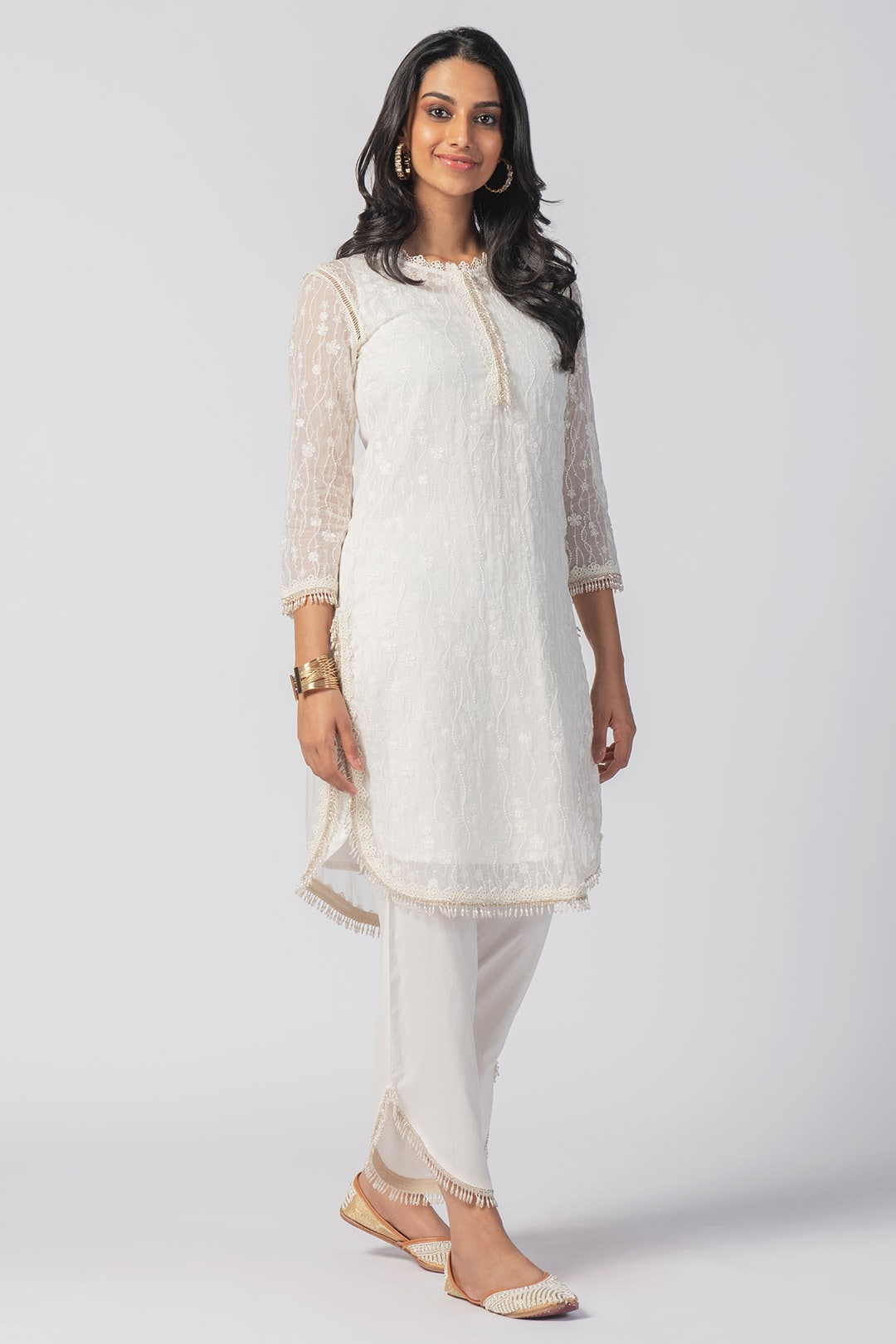 Freya Tencel Luxe Organza White Kurta With Freya Round Hem Pant