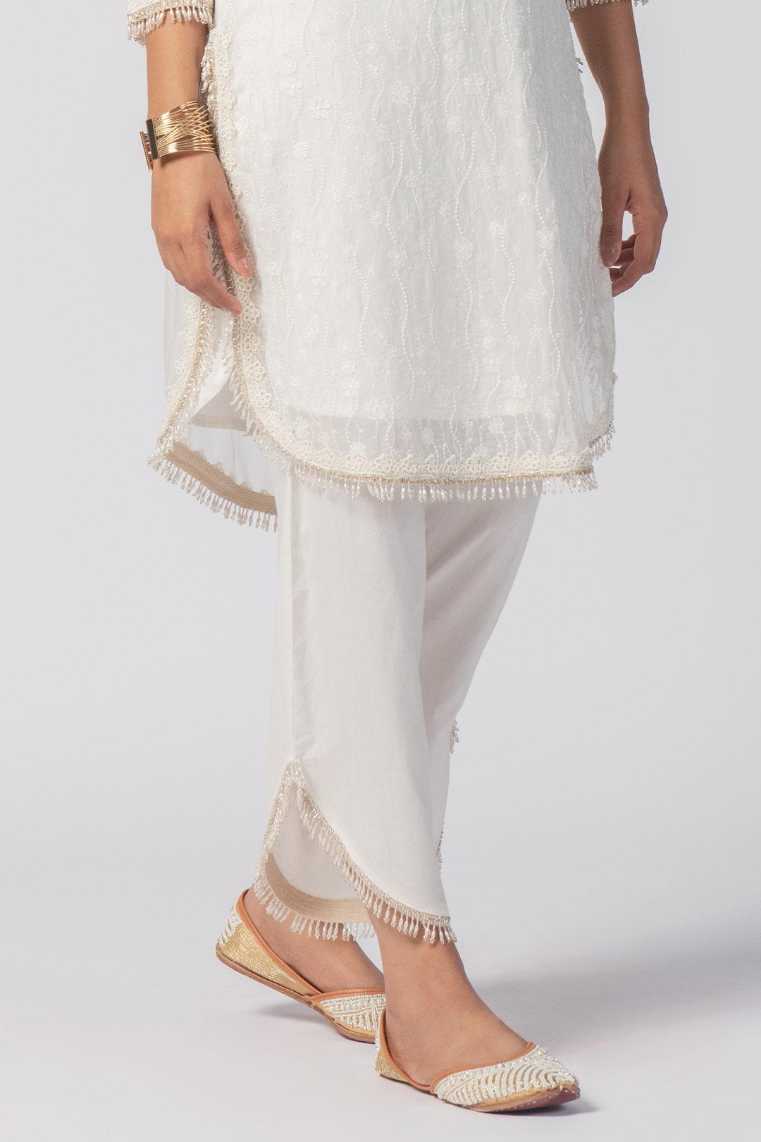 Mulmul Tencel Luxe Organza Freya Off White Kurta With Supima Cotton freya Round Hem Off White Pant