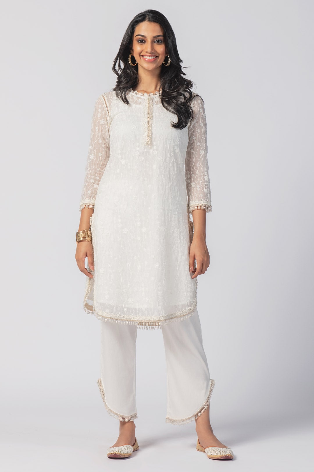 Mulmul Tencel Luxe Organza Freya Off White Kurta With Supima Cotton freya Round Hem Off White Pant