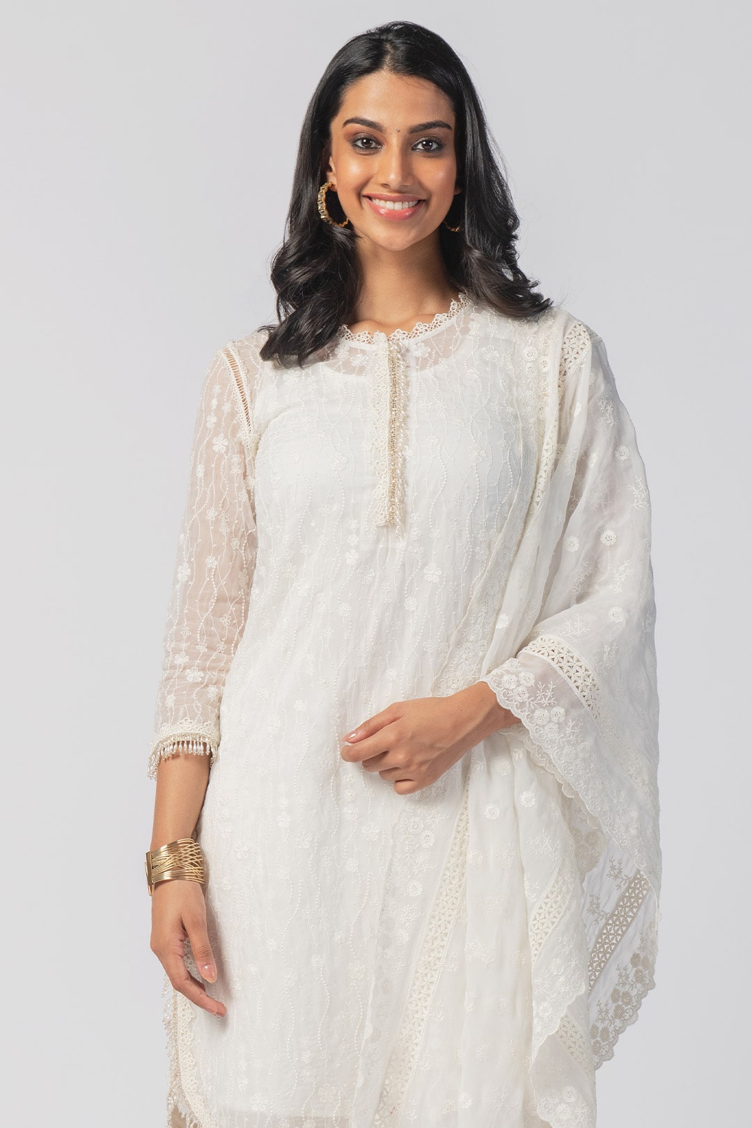 Mulmul Tencel Luxe Organza Freya Off White Kurta With Supima Cotton freya Round Hem Off White Pant