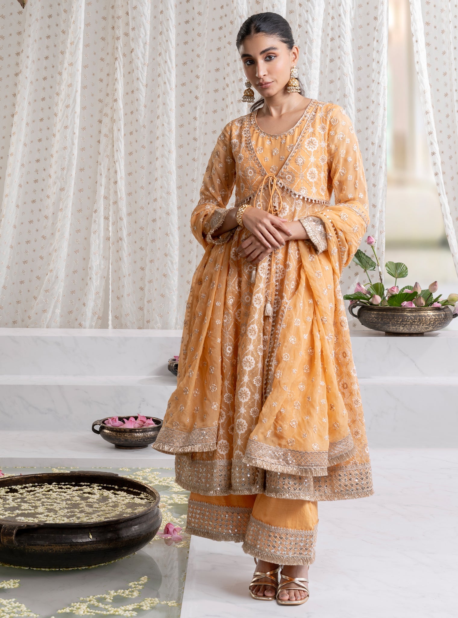 Mulmul Organza Ghoomar Anarkali Orange Kurta with Mulmul Pima Ghoomar Orange Pant