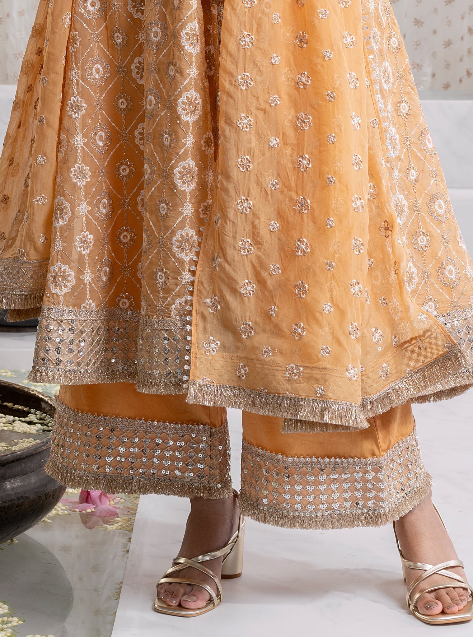 Mulmul Organza Ghoomar Anarkali Orange Kurta with Mulmul Pima Ghoomar Orange Pant