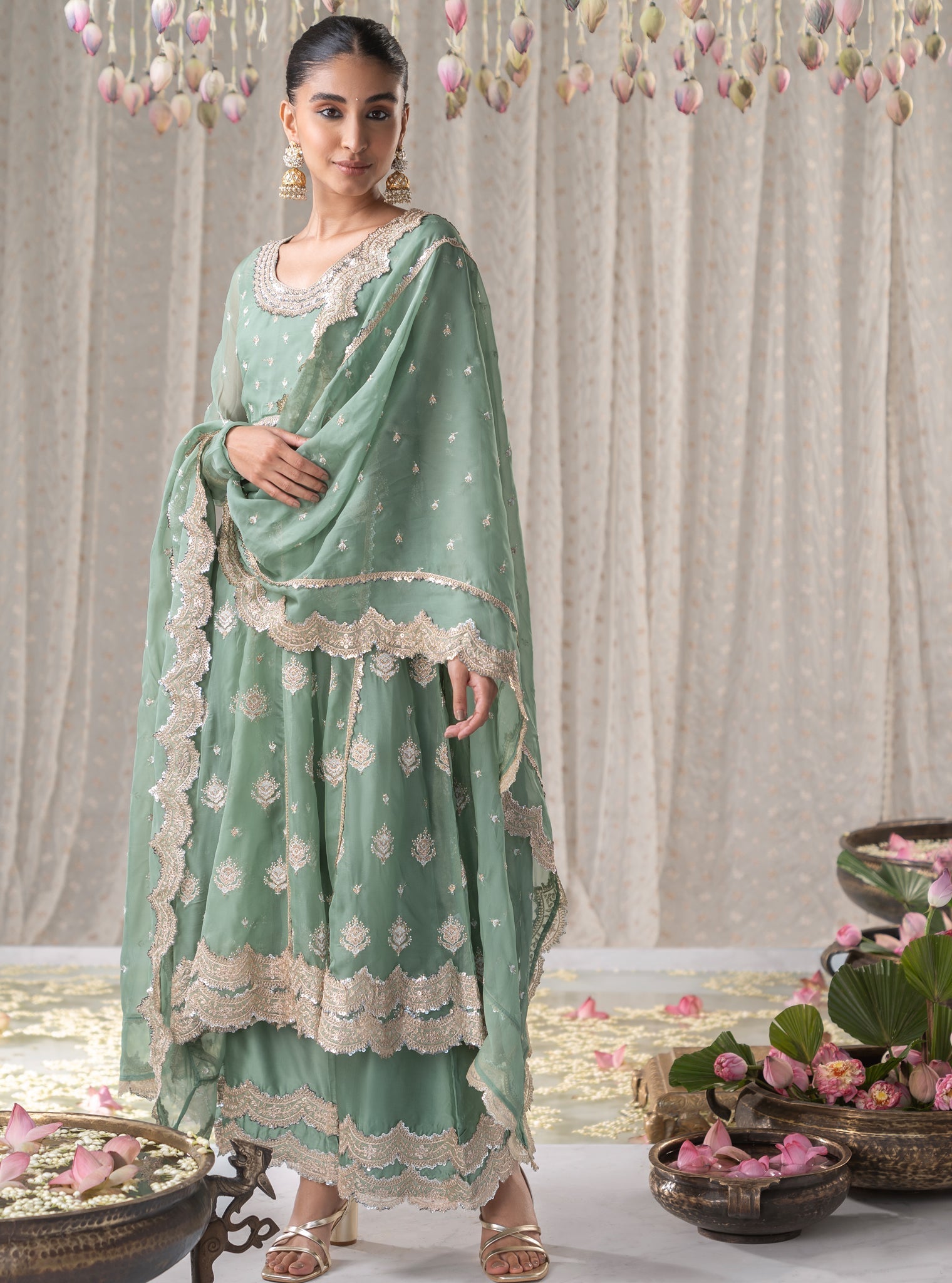 Mulmul Organza Gulabo Green Anarkali Kurta With Mulmul Cupro Gulabo Green pant