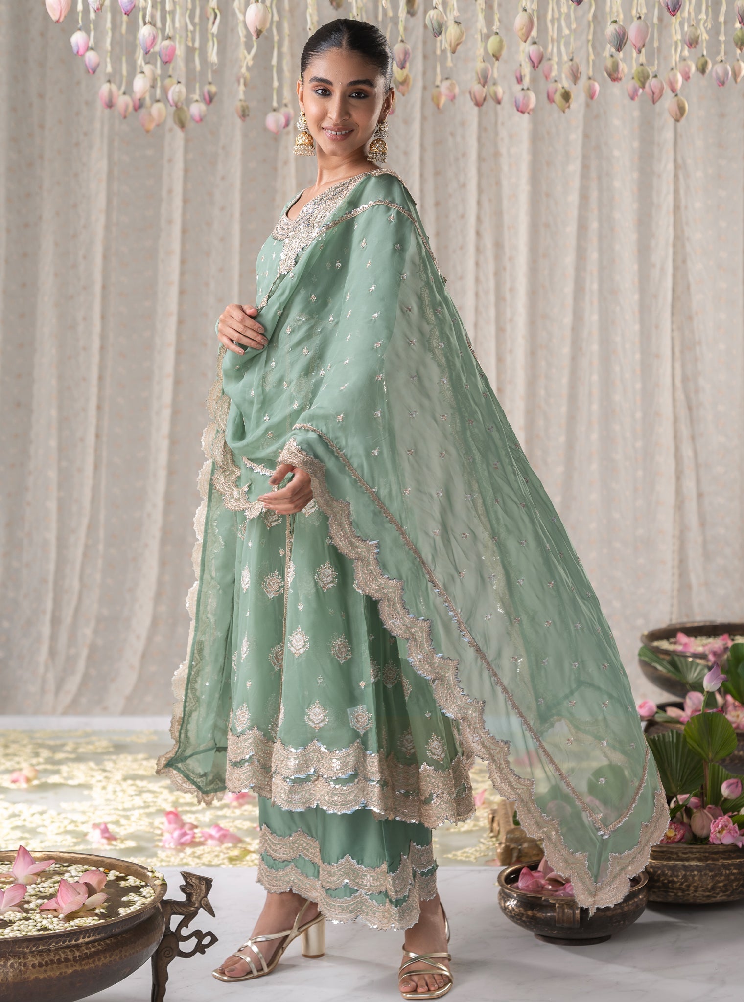 Mulmul Organza Gulabo Green Anarkali Kurta With Mulmul Cupro Gulabo Green pant