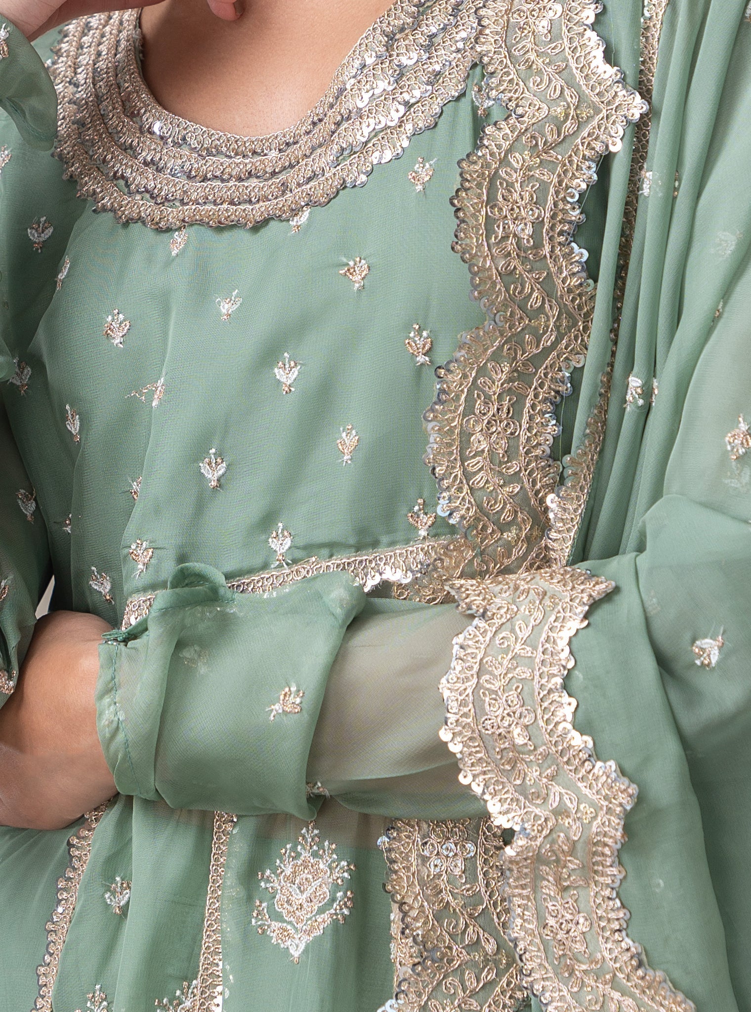 Mulmul Organza Gulabo Green Anarkali Kurta With Mulmul Cupro Gulabo Green pant