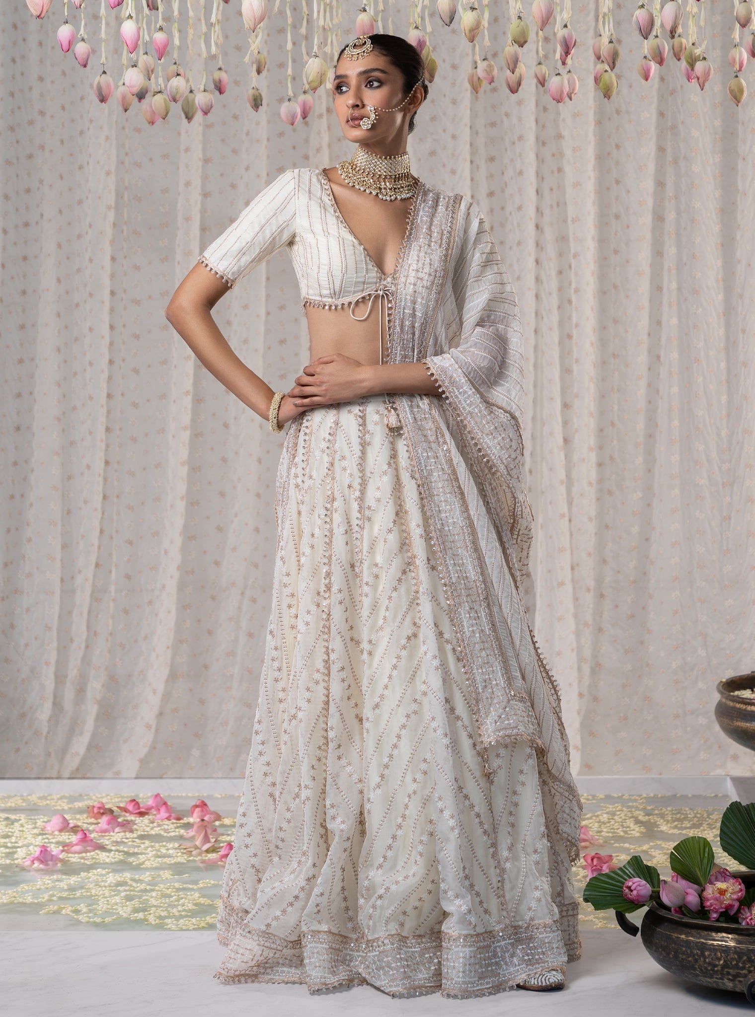 Mulmul Organza Gulmohar Off White Lehenga